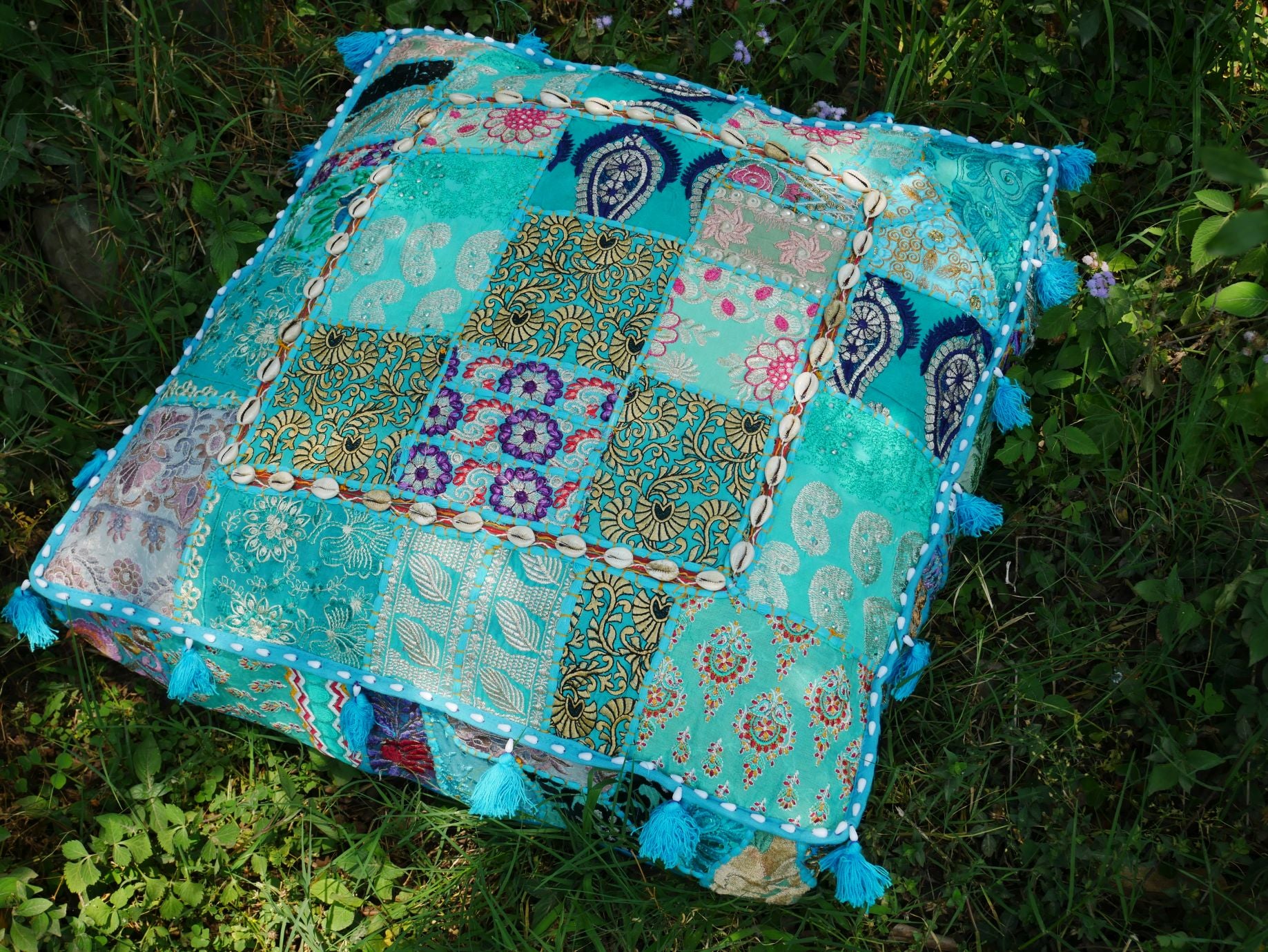 24" Floor pillow cover turquoise square pouf cushion - Indian style floor seating