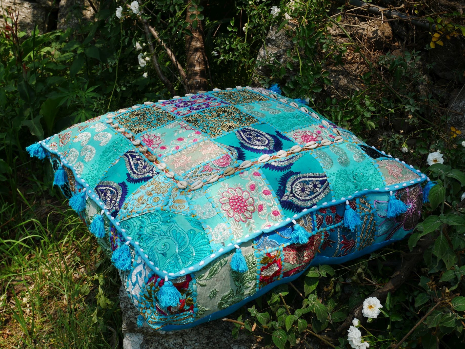 24" Floor pillow cover turquoise square pouf cushion - Indian style floor seating