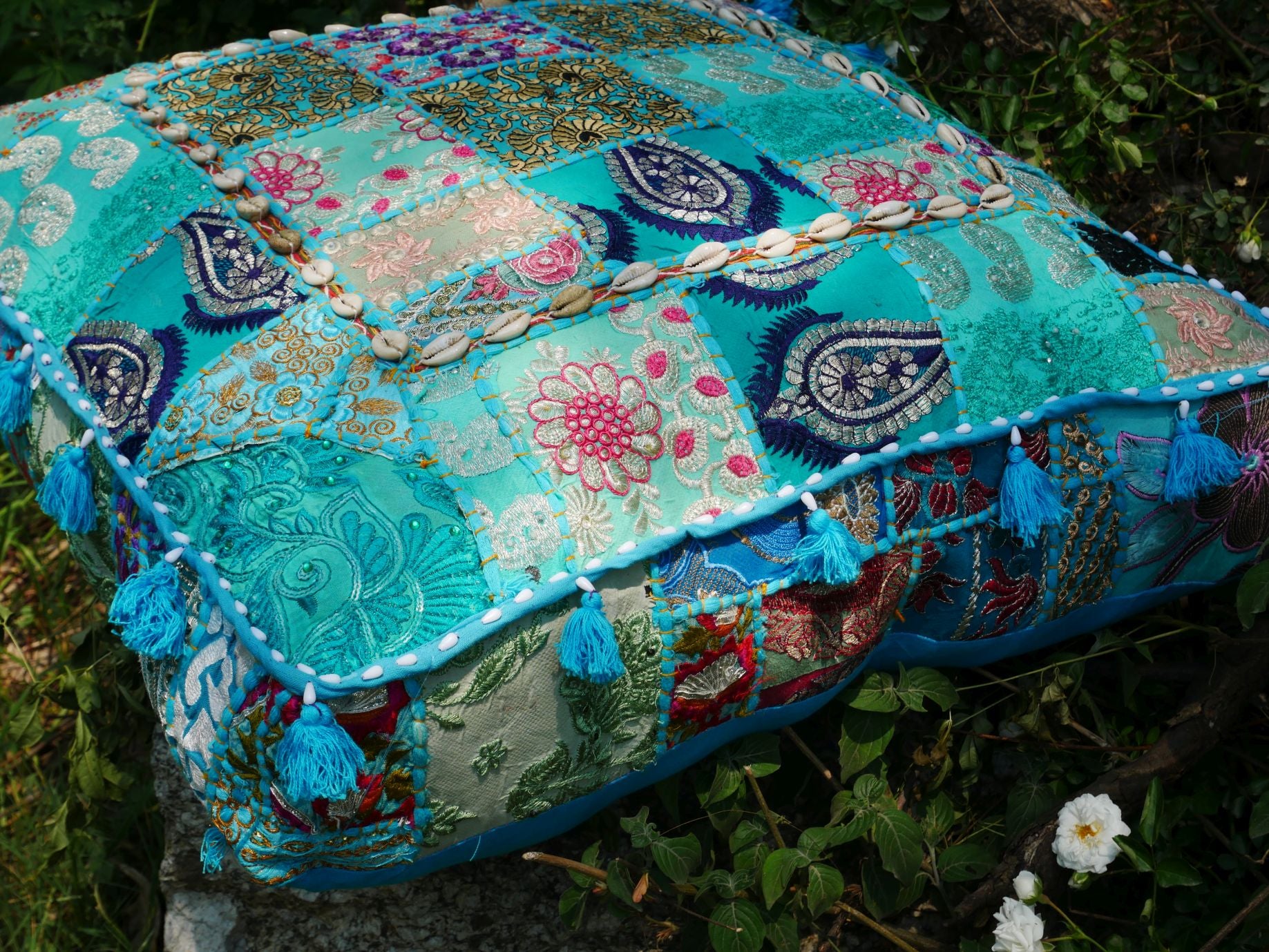24" Floor pillow cover turquoise square pouf cushion - Indian style floor seating