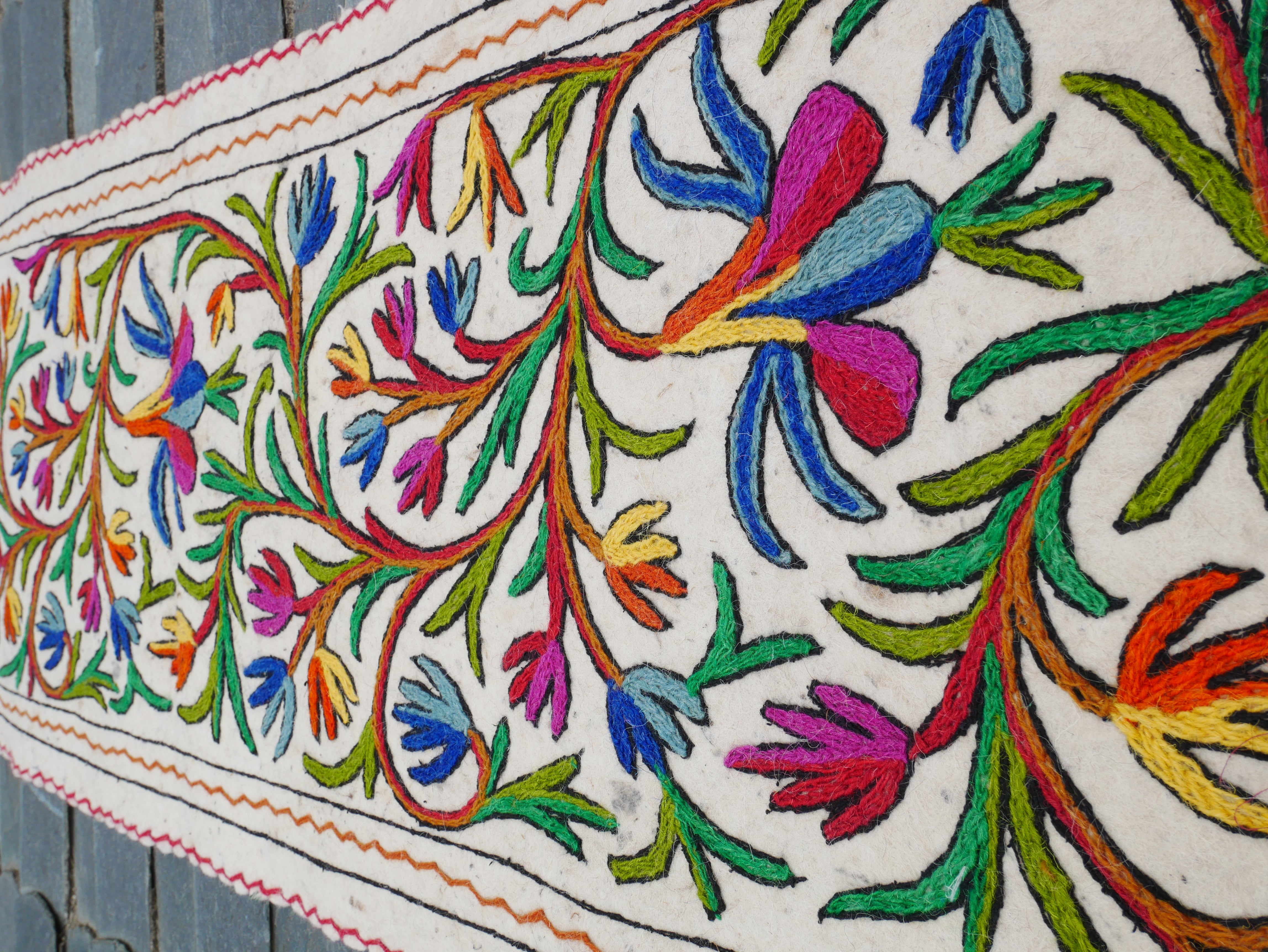 Boho Yoga Floor Runner 2x6 | Hand-Felted Wool Namda From Kashmir | Embroidered Felt Mat