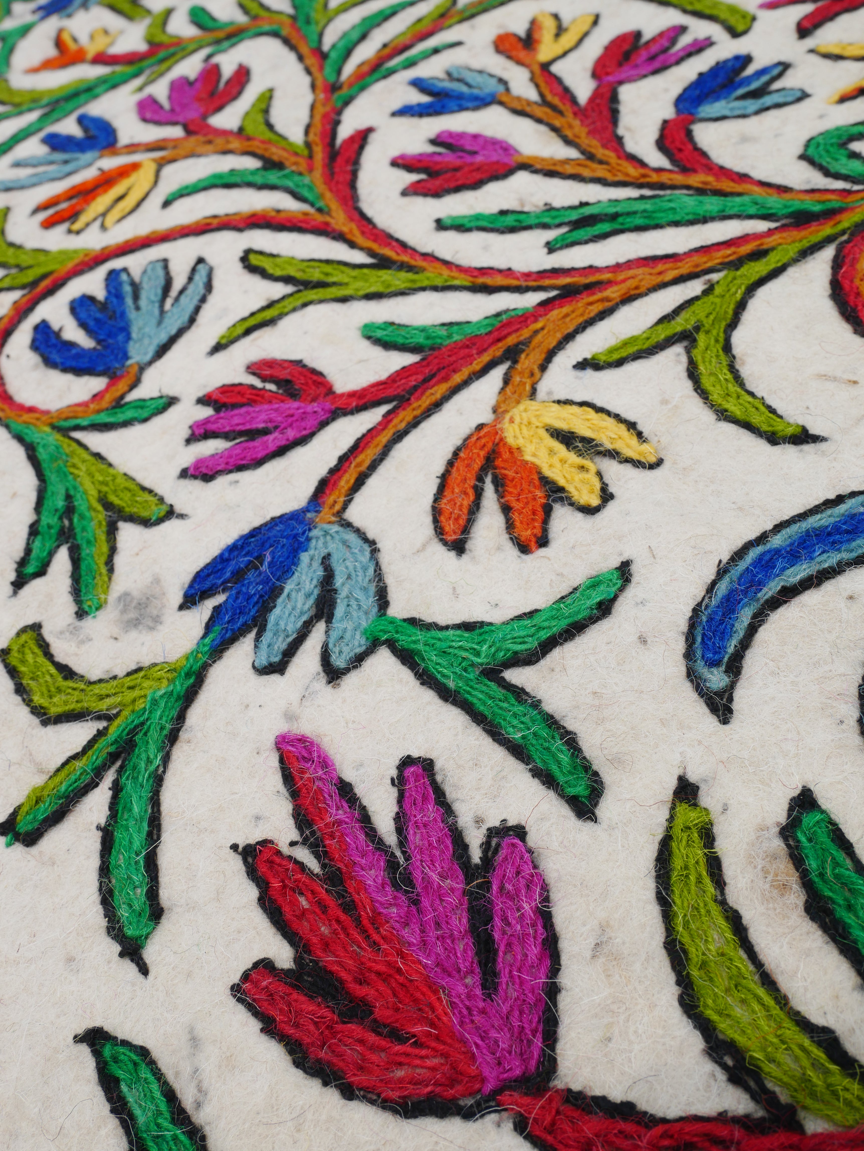 Boho Yoga Floor Runner 2x6 | Hand-Felted Wool Namda From Kashmir | Embroidered Felt Mat