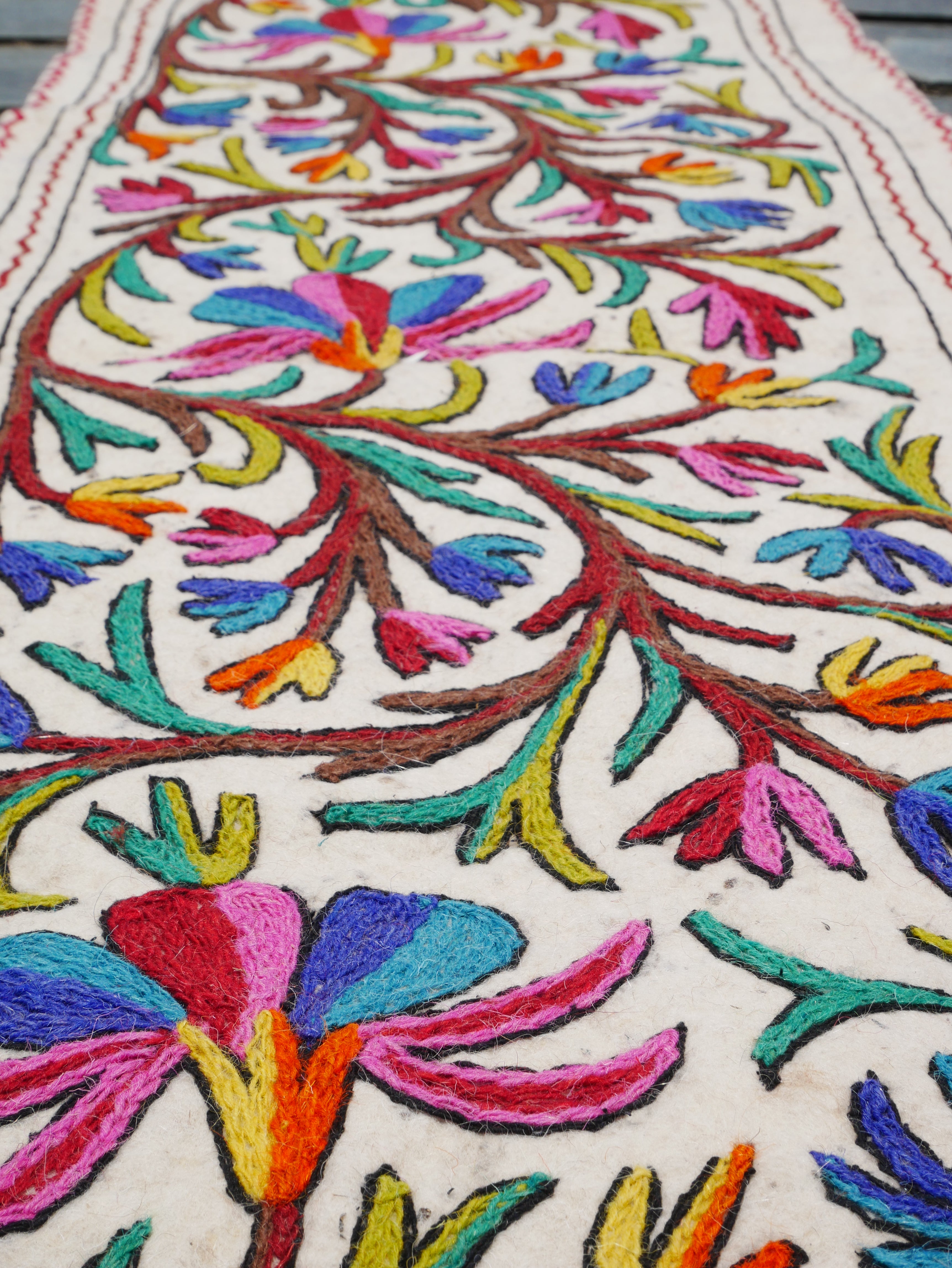Boho Yoga Floor Runner 2x6 | Hand-Felted Wool Namda From Kashmir | Embroidered Felt Mat