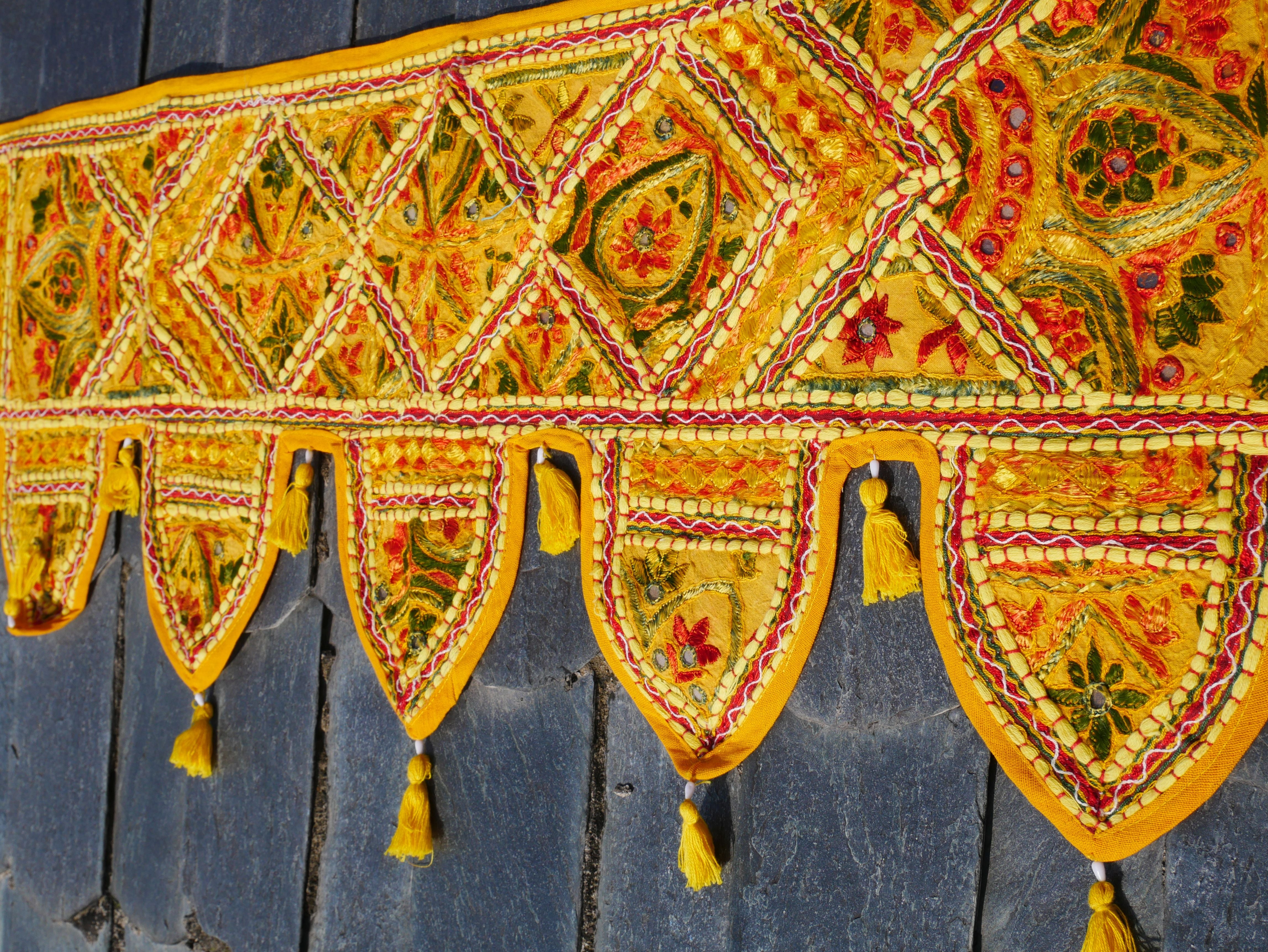 Embroidery Toran - Indian door hanging - Boho window valance yellow red or purple