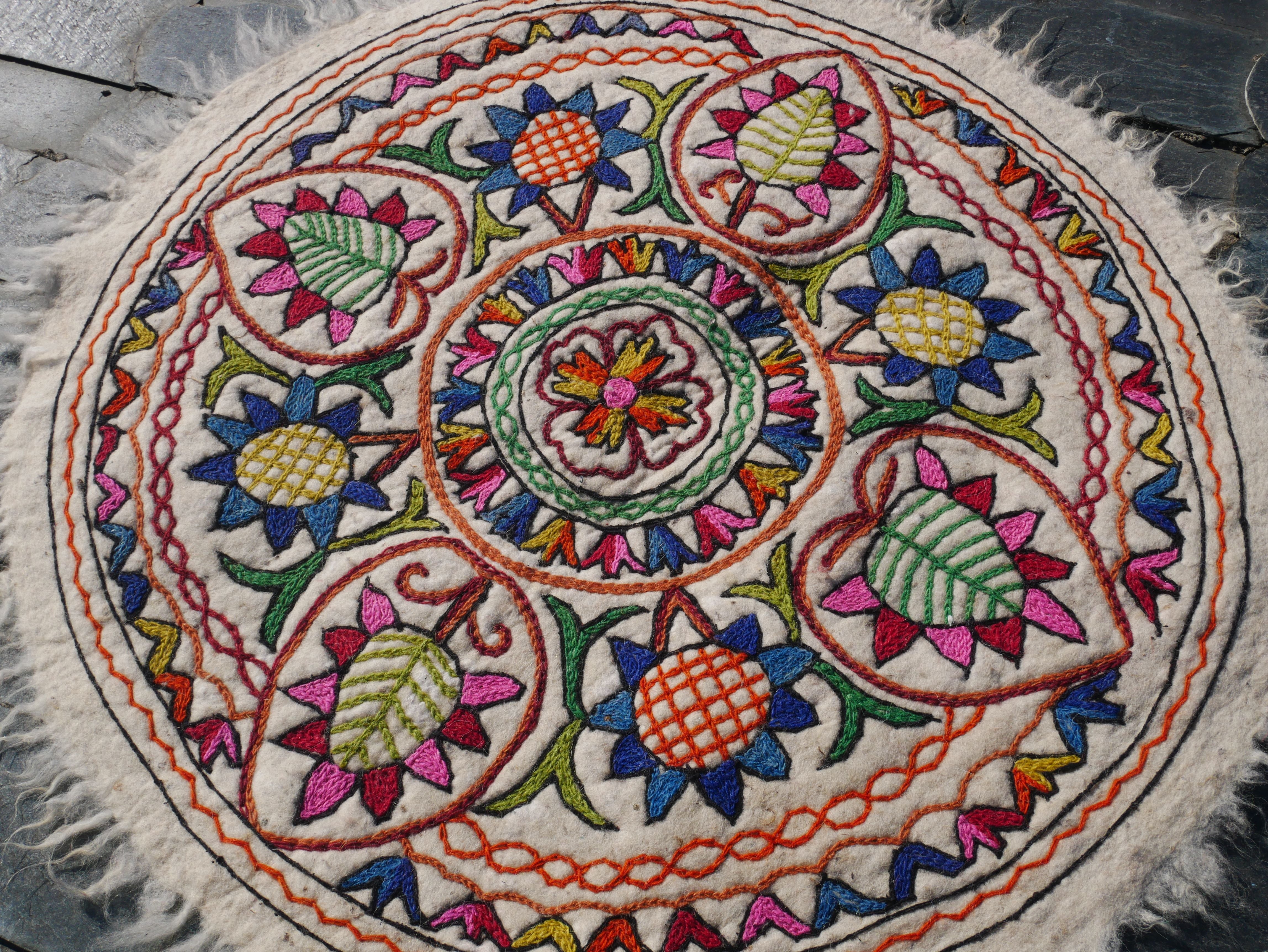 Round Mandala rug | Kashmiri "Namda" felt wool rug, hand embroidered colorful boho accent rug - The Shanti Home