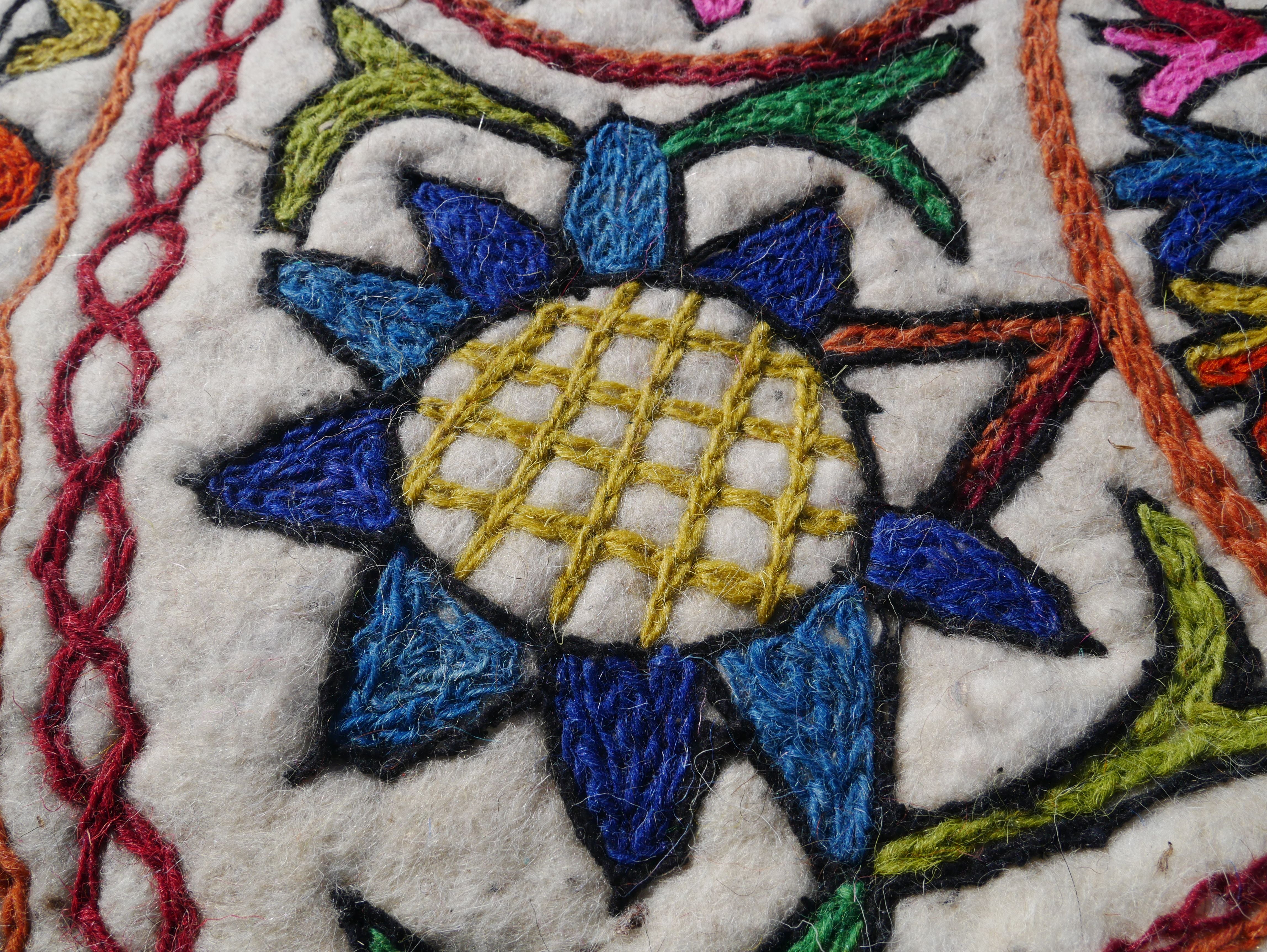 Round Mandala rug | Kashmiri "Namda" felt wool rug, hand embroidered colorful boho accent rug - The Shanti Home