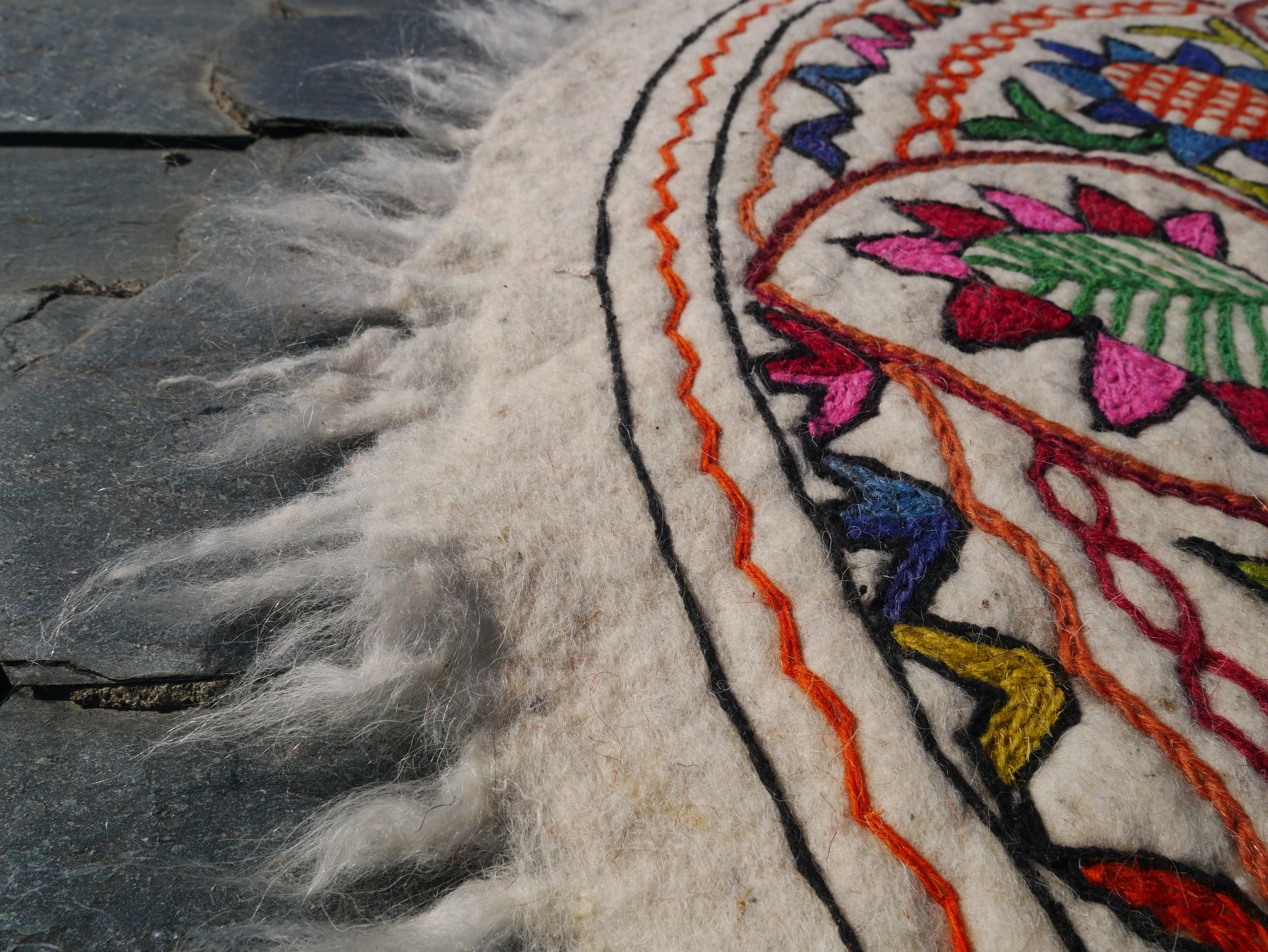 Round Mandala rug | Kashmiri "Namda" felt wool rug, hand embroidered colorful boho accent rug - The Shanti Home