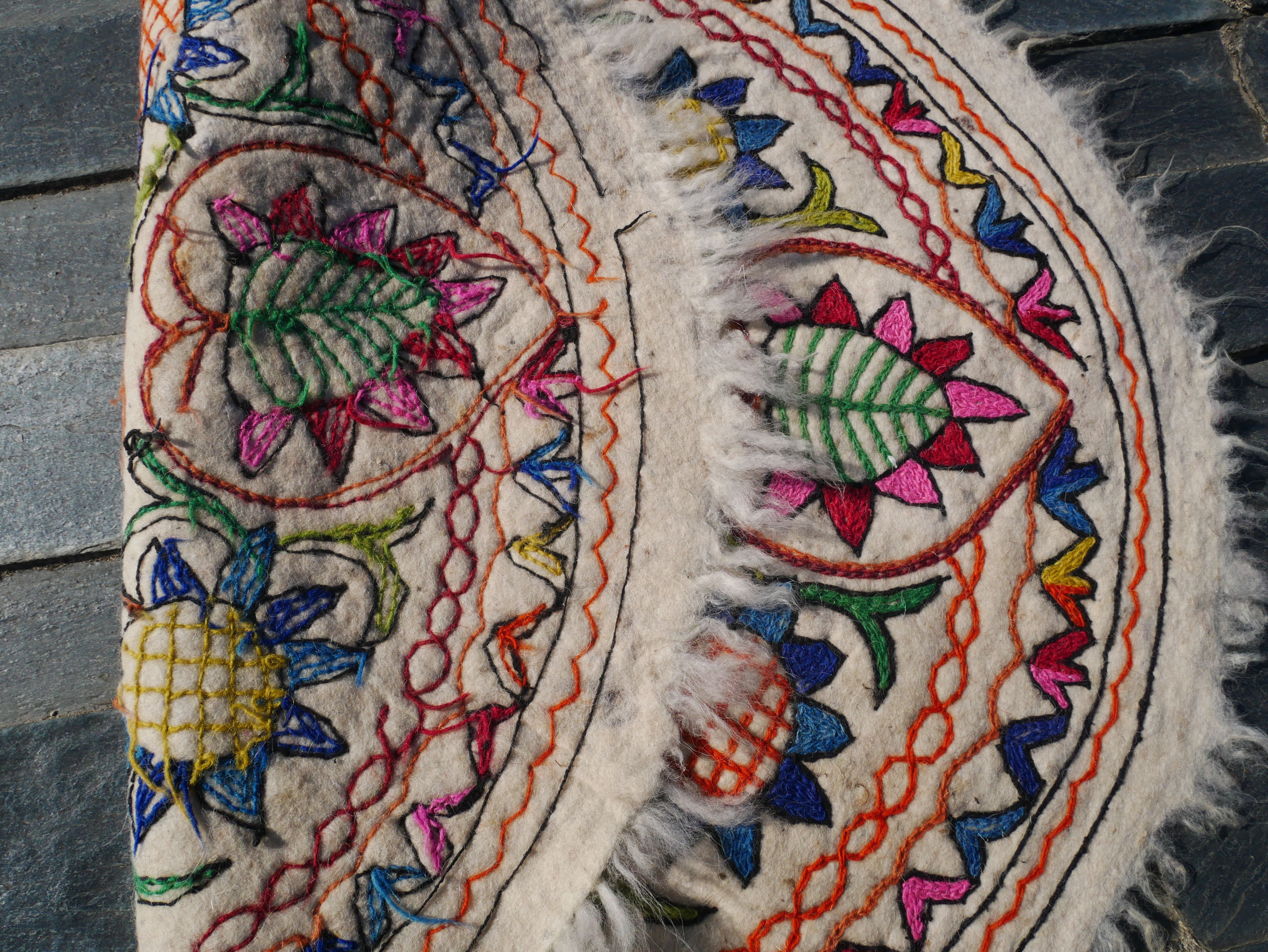 Round Mandala rug | Kashmiri "Namda" felt wool rug, hand embroidered colorful boho accent rug - The Shanti Home