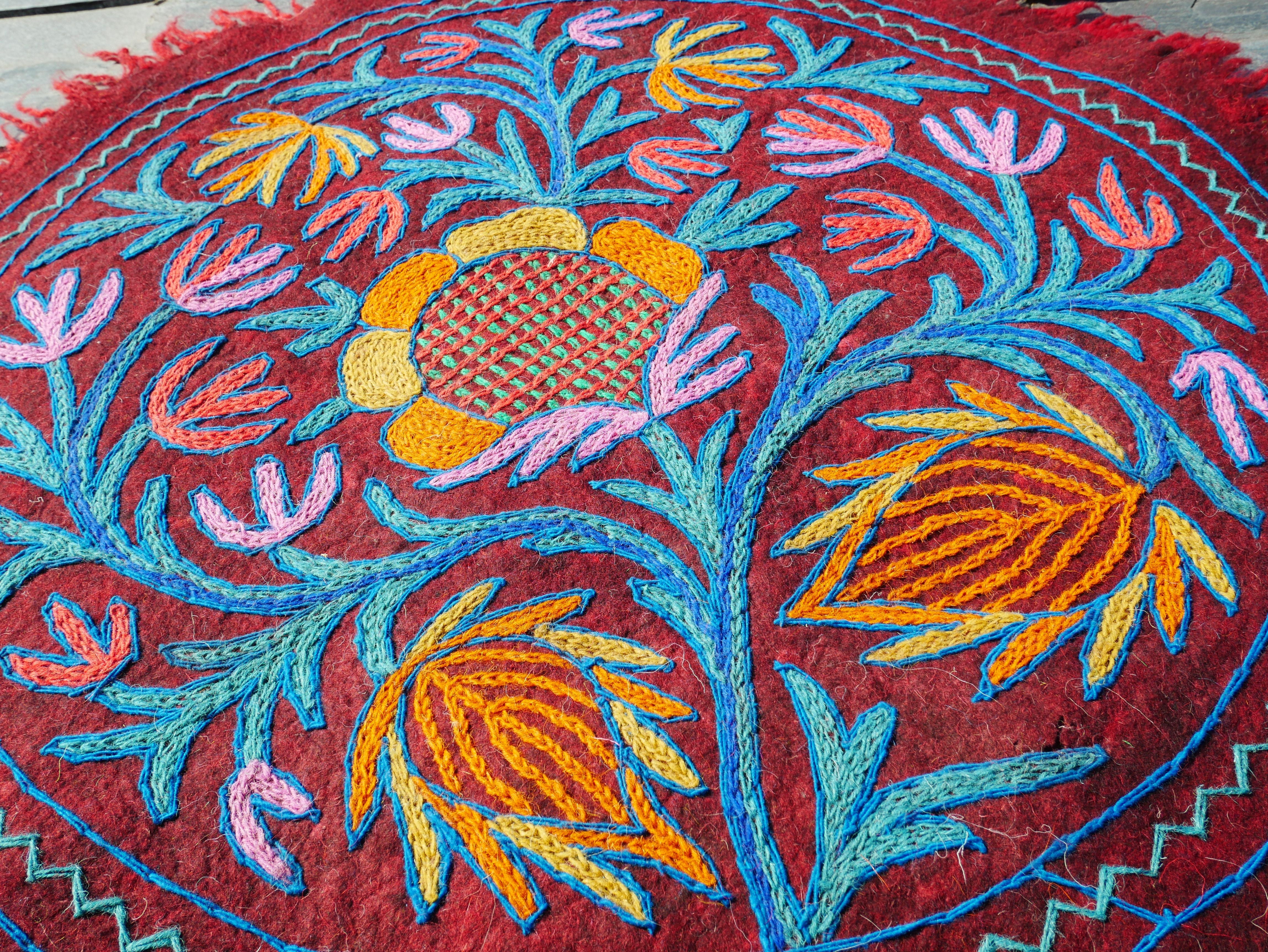 Round flower rug | Kashmiri "Namda" felt wool rug, hand embroidered colorful boho accent rug - The Shanti Home