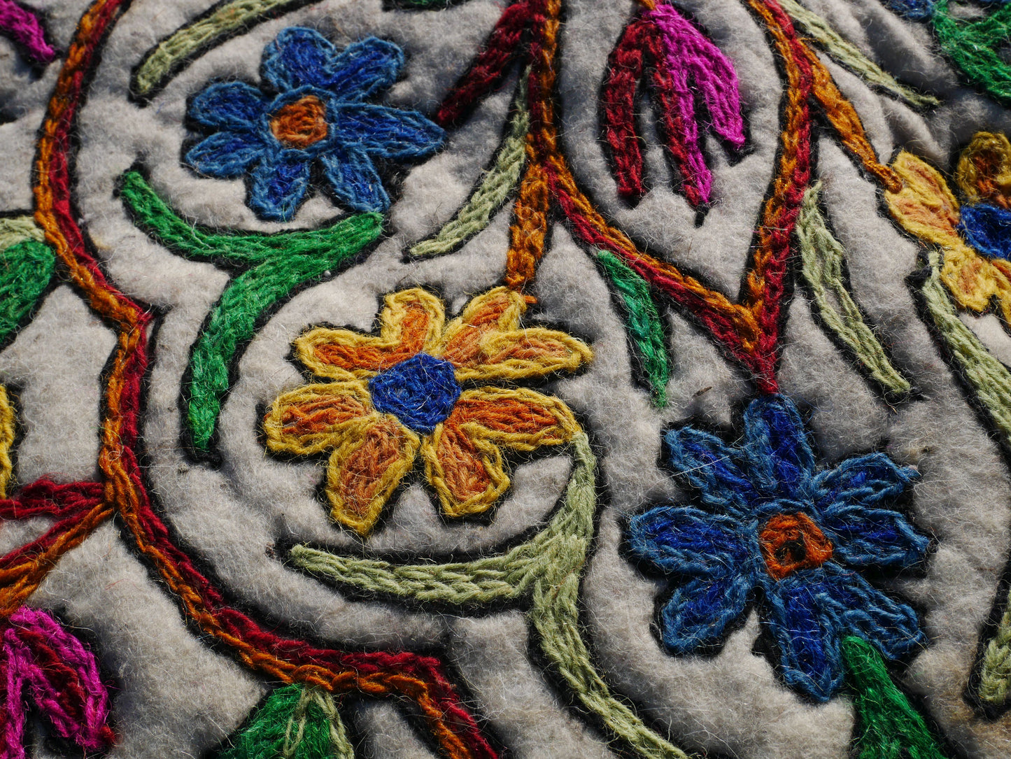 5ft Round Wool Rug “Namda” | Hand-Felted Kashmir Embroidery | Boho Cozy Area Carpet