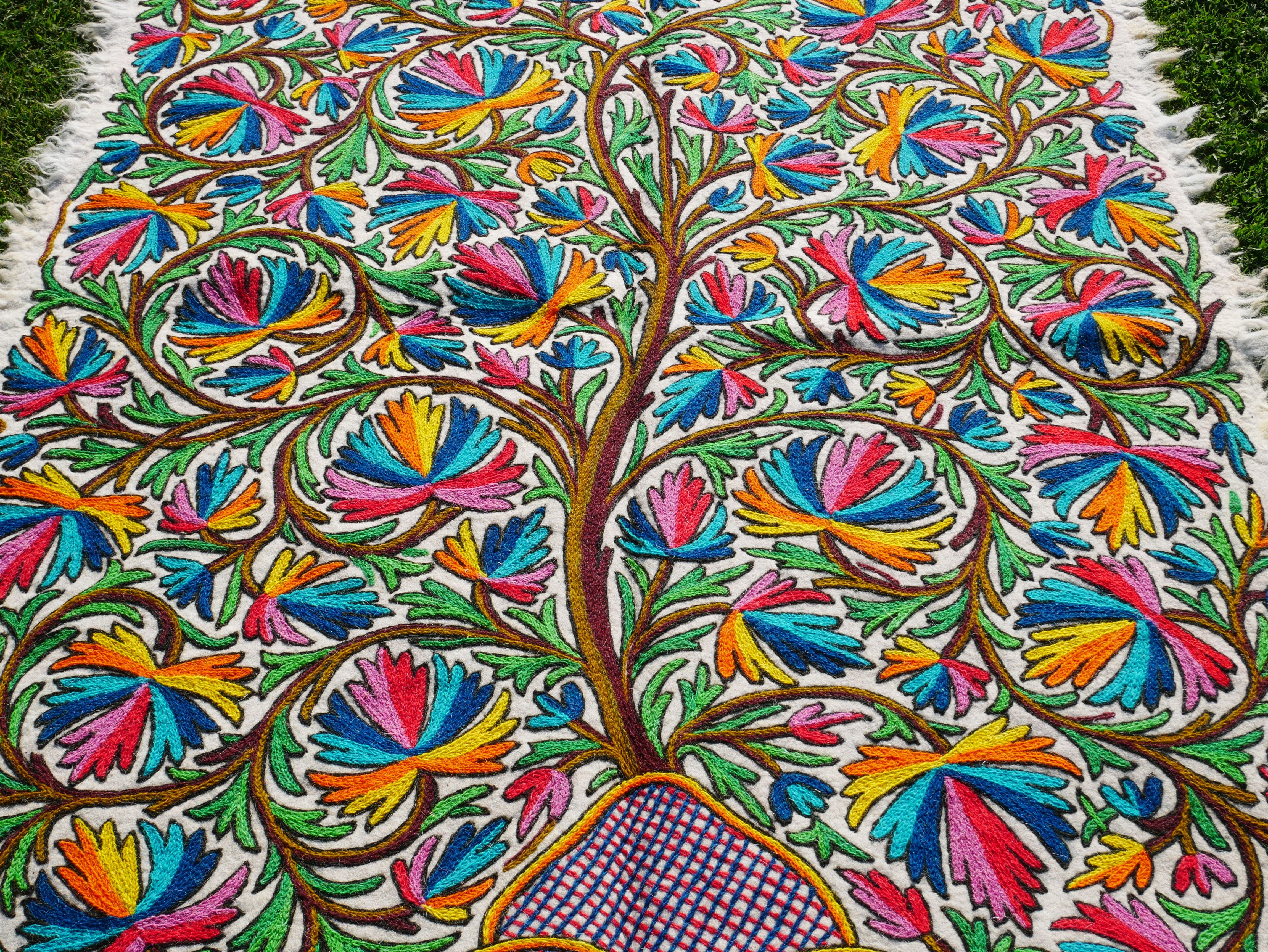 Kashmiri Namda "Tree of life" traditional hand felted and embroidered rug | Colorful boho style rug for cozy home decor - The Shanti Home