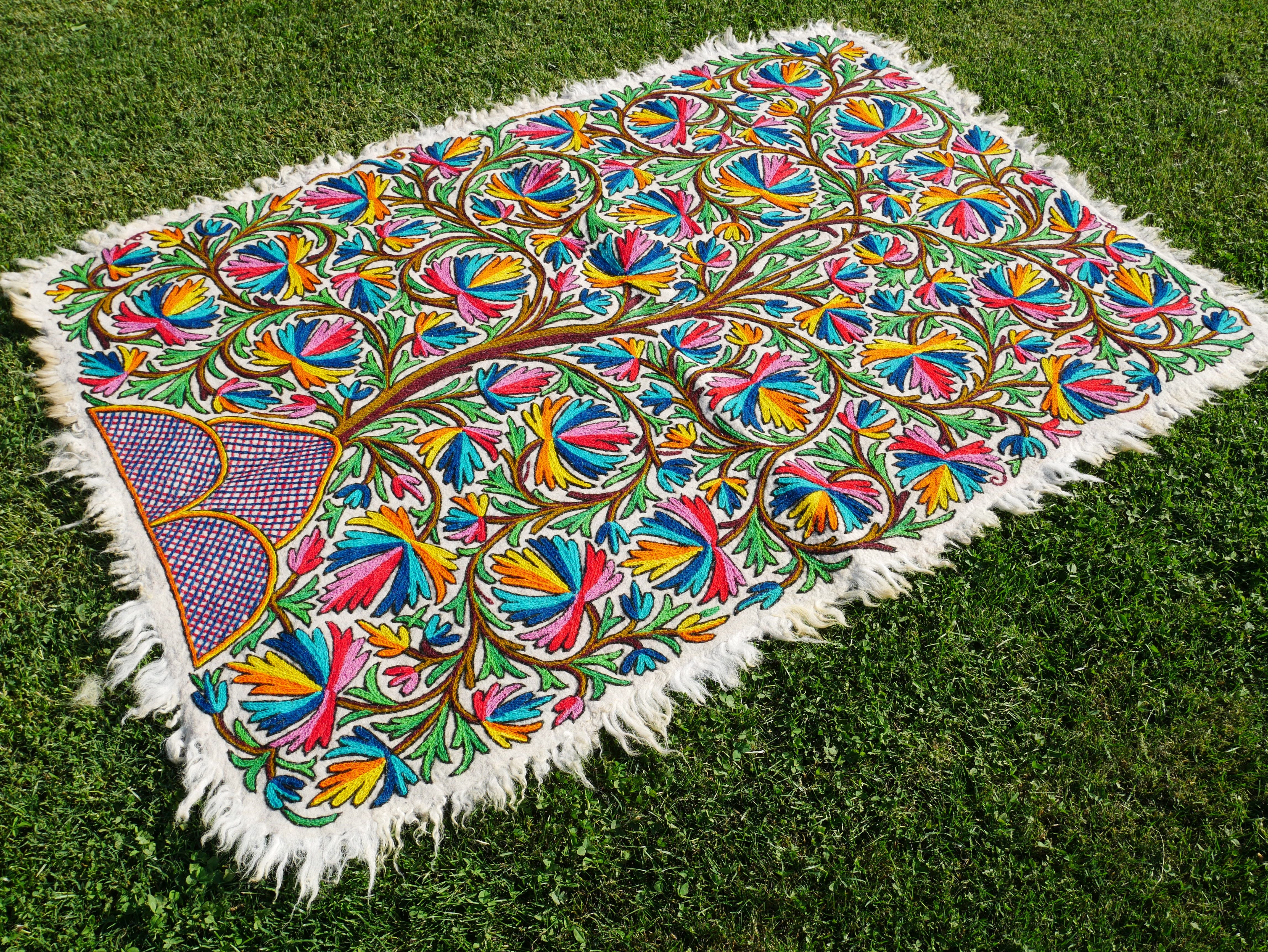 Kashmiri Namda "Tree of life" traditional hand felted and embroidered rug | Colorful boho style rug for cozy home decor - The Shanti Home