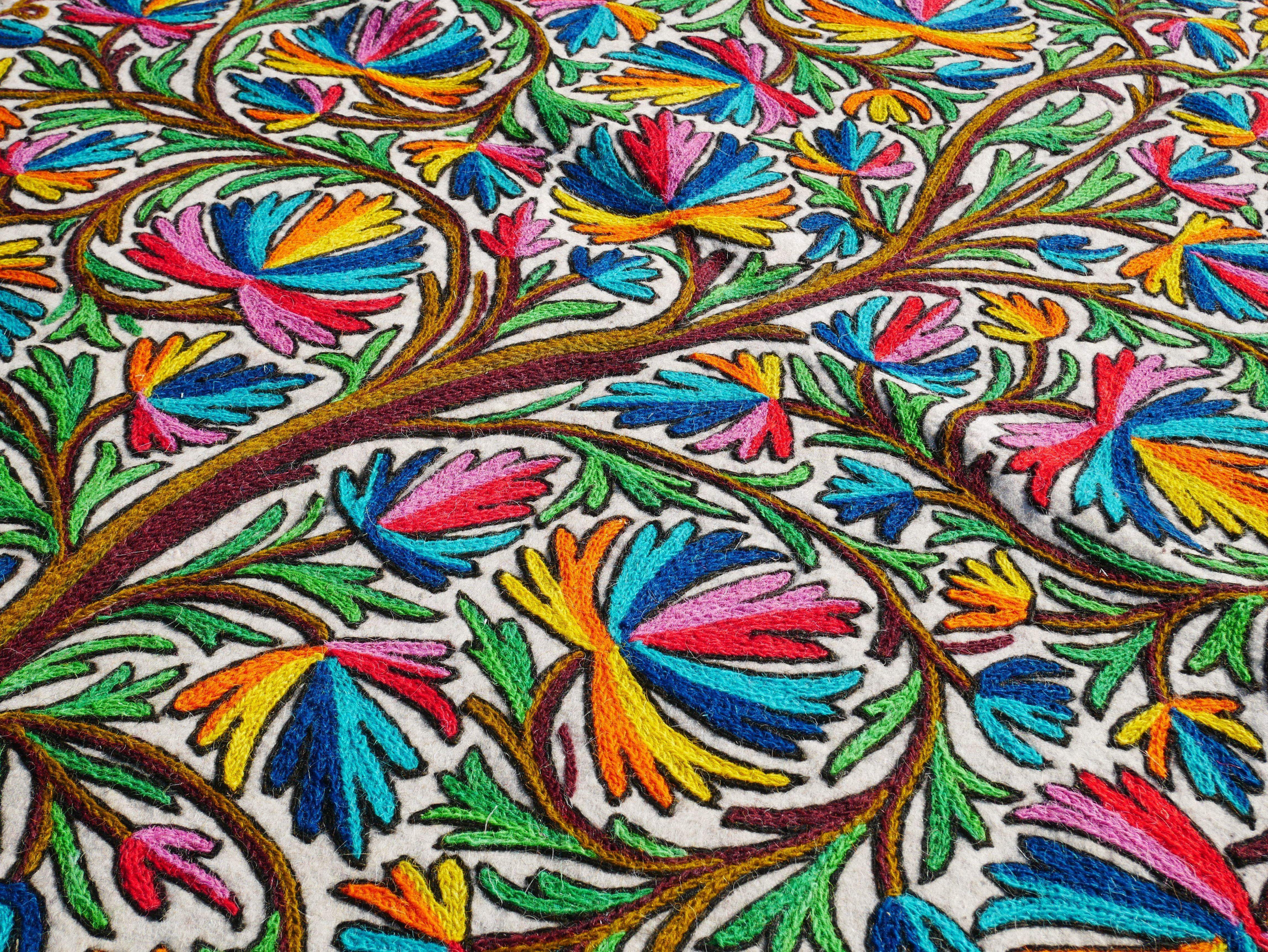 Kashmiri Namda "Tree of life" traditional hand felted and embroidered rug | Colorful boho style rug for cozy home decor - The Shanti Home