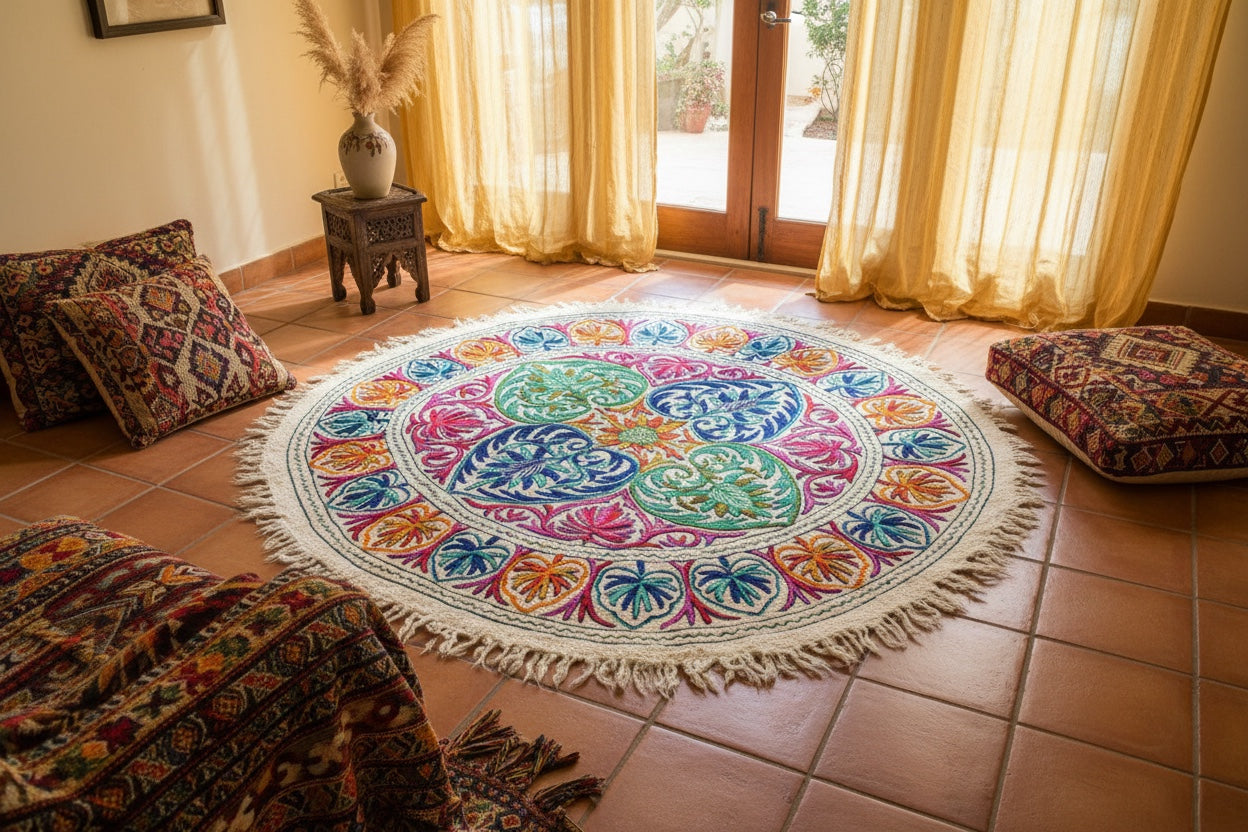 5ft Namda - boho wool rug | hand felted and embroidered - Kashmiri area rug