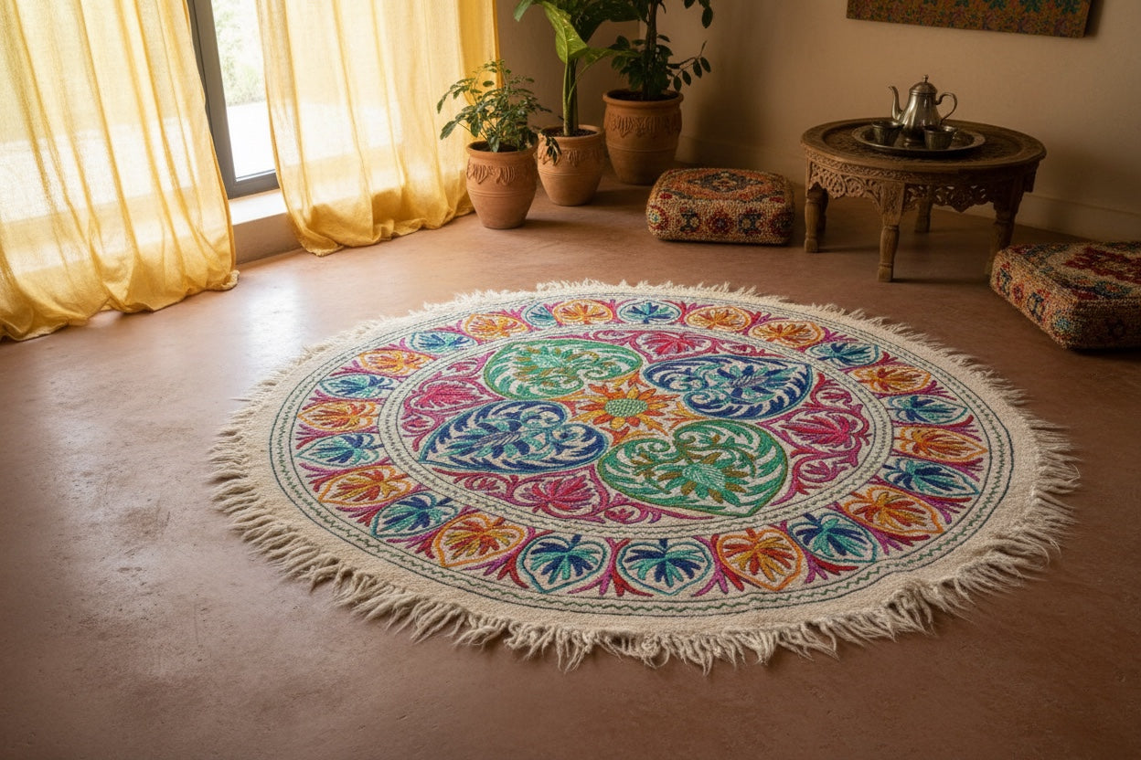 5ft Namda - boho wool rug | hand felted and embroidered - Kashmiri area rug