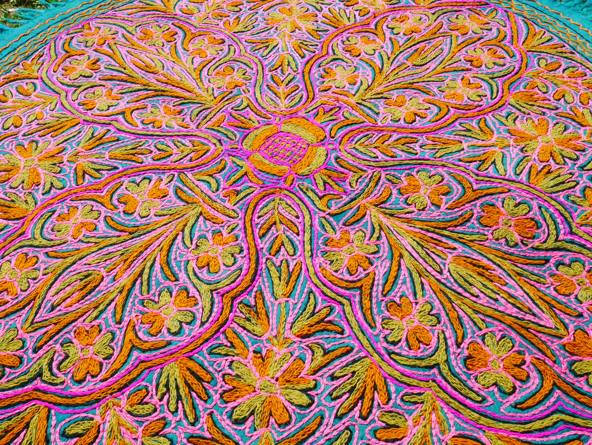 5ft Flower Namda - boho wool rug | hand felted and embroidered - Kashmiri area rug - Round wool rug