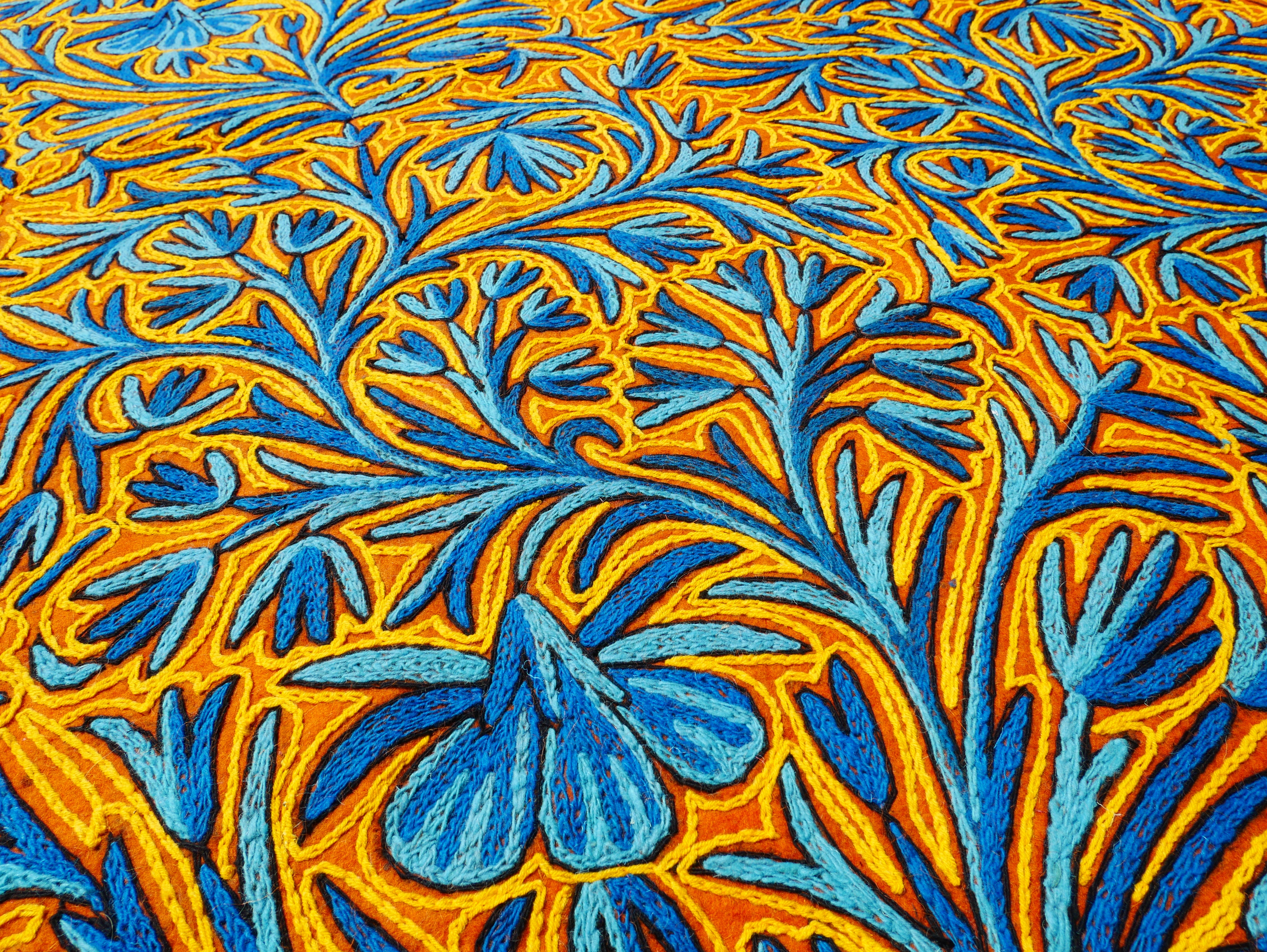 Flower rug - traditional Namda felt rug from Kashmir | hand felted, embroidered 6x4 boo floor seating - boho area rug - The Shanti Home