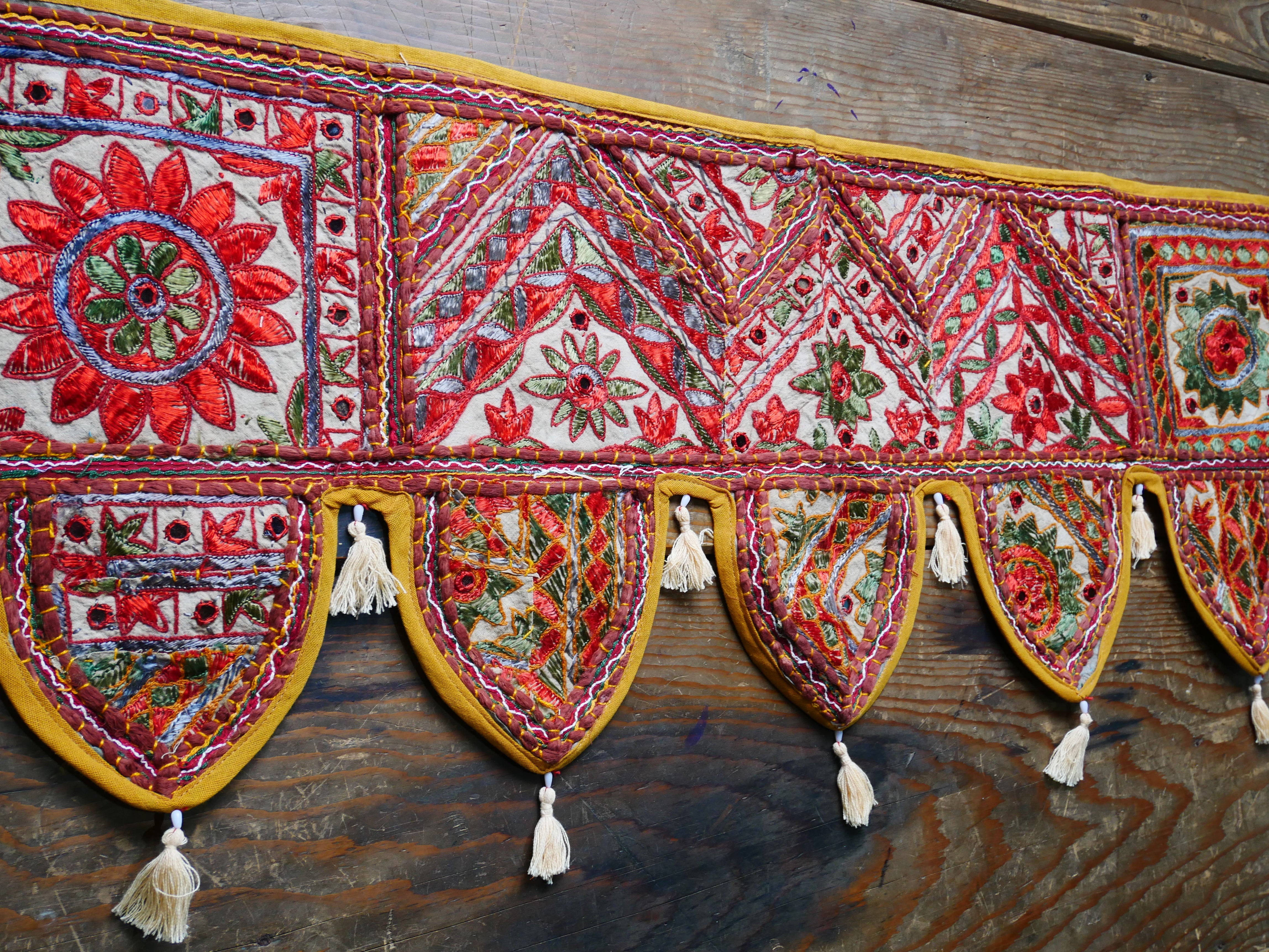 Embroidery Toran - Indian door hanging - Boho window valance Masala - Indigo or Forest green