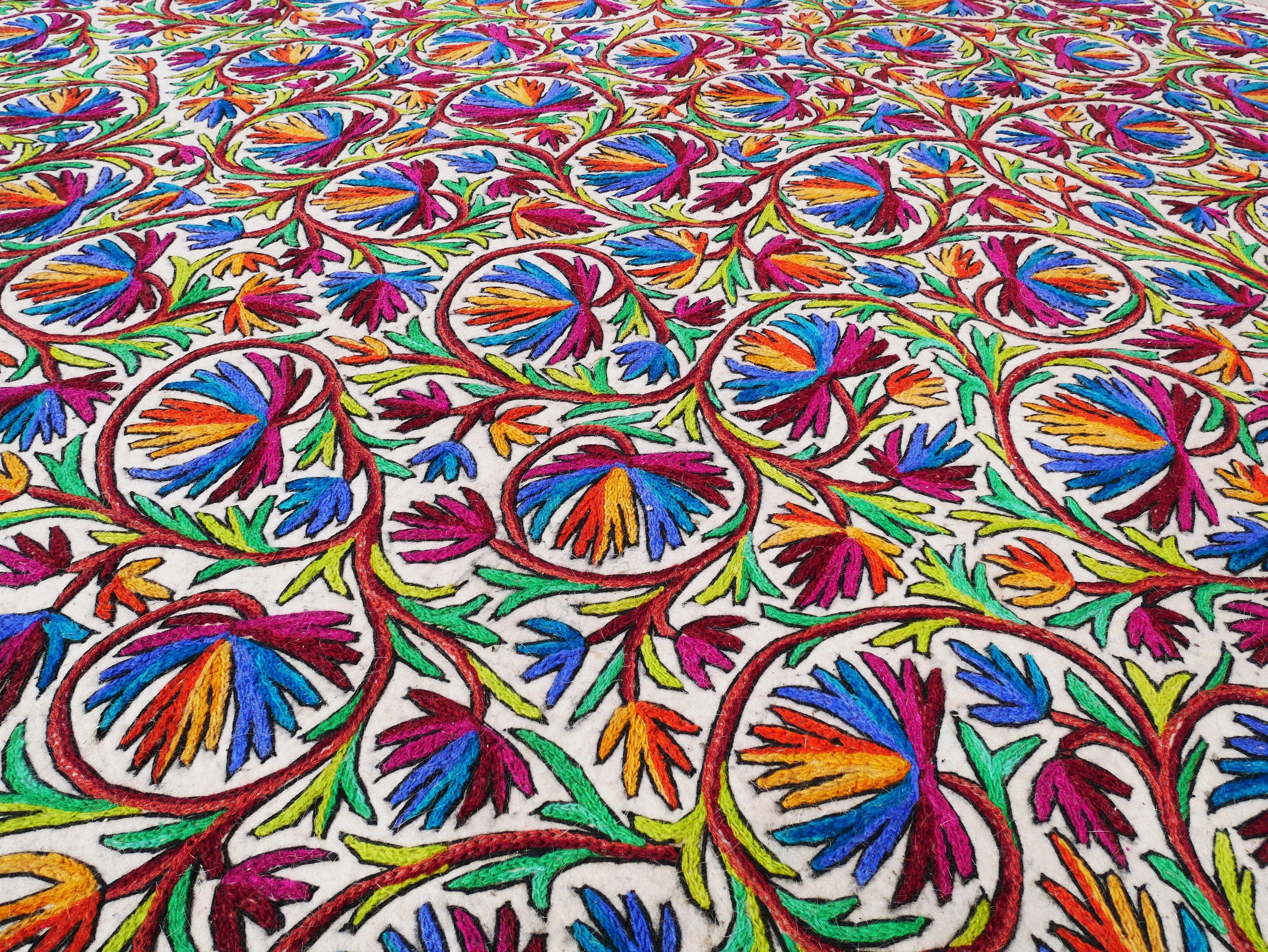 Large Tree of Life Wool Rug 6x10 | Handmade Felted Namda Carpet From Kashmir | Boho Area Rug With Traditional Embroidery