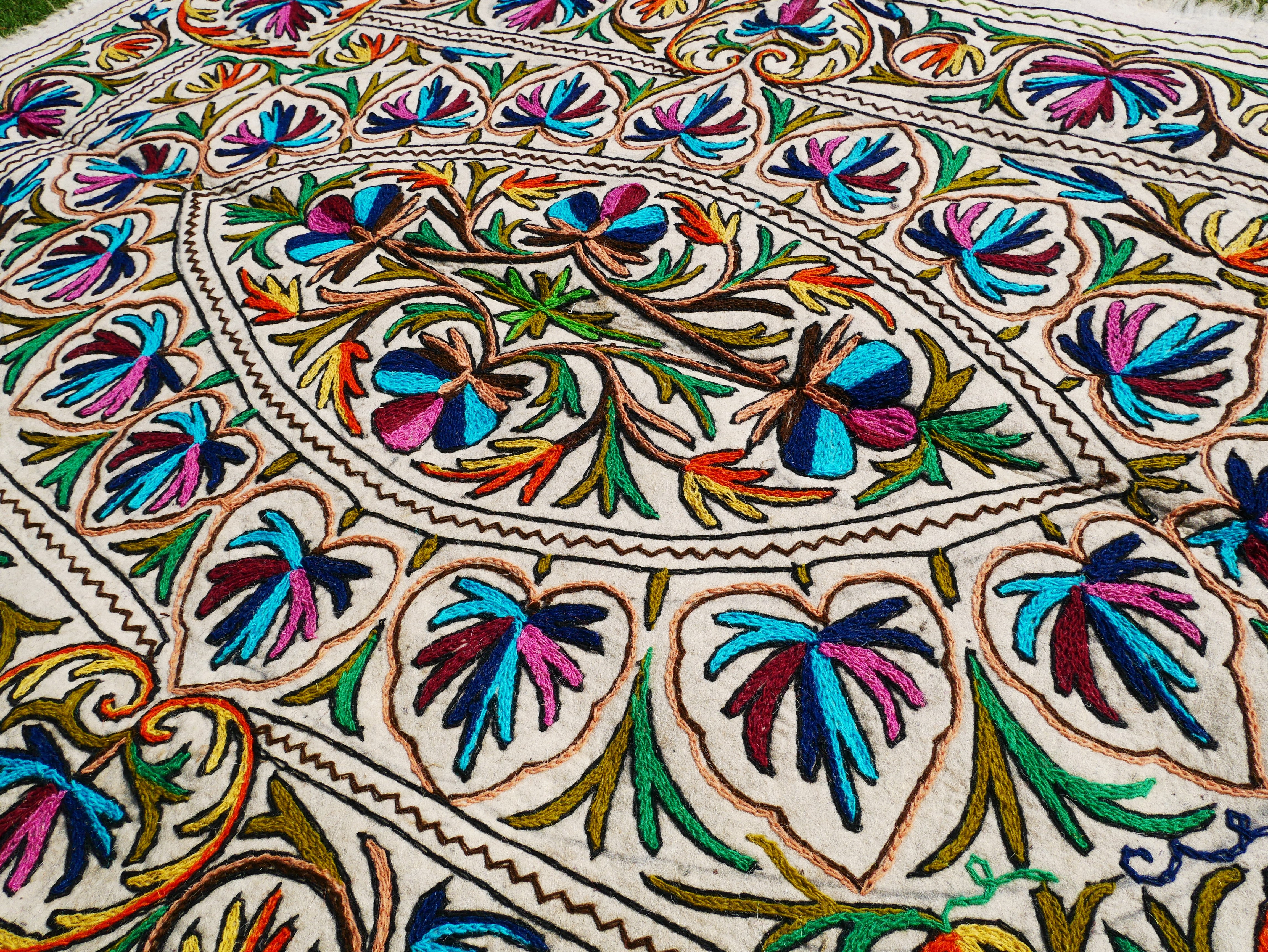 Hand-Felted 7x5 Wool Rug "Namda" from Kashmir - Unique Floral Embroidery on Sheep Wool Felt Base - Boho Decor for Cozy Floors and Artful Corners - The Shanti Home