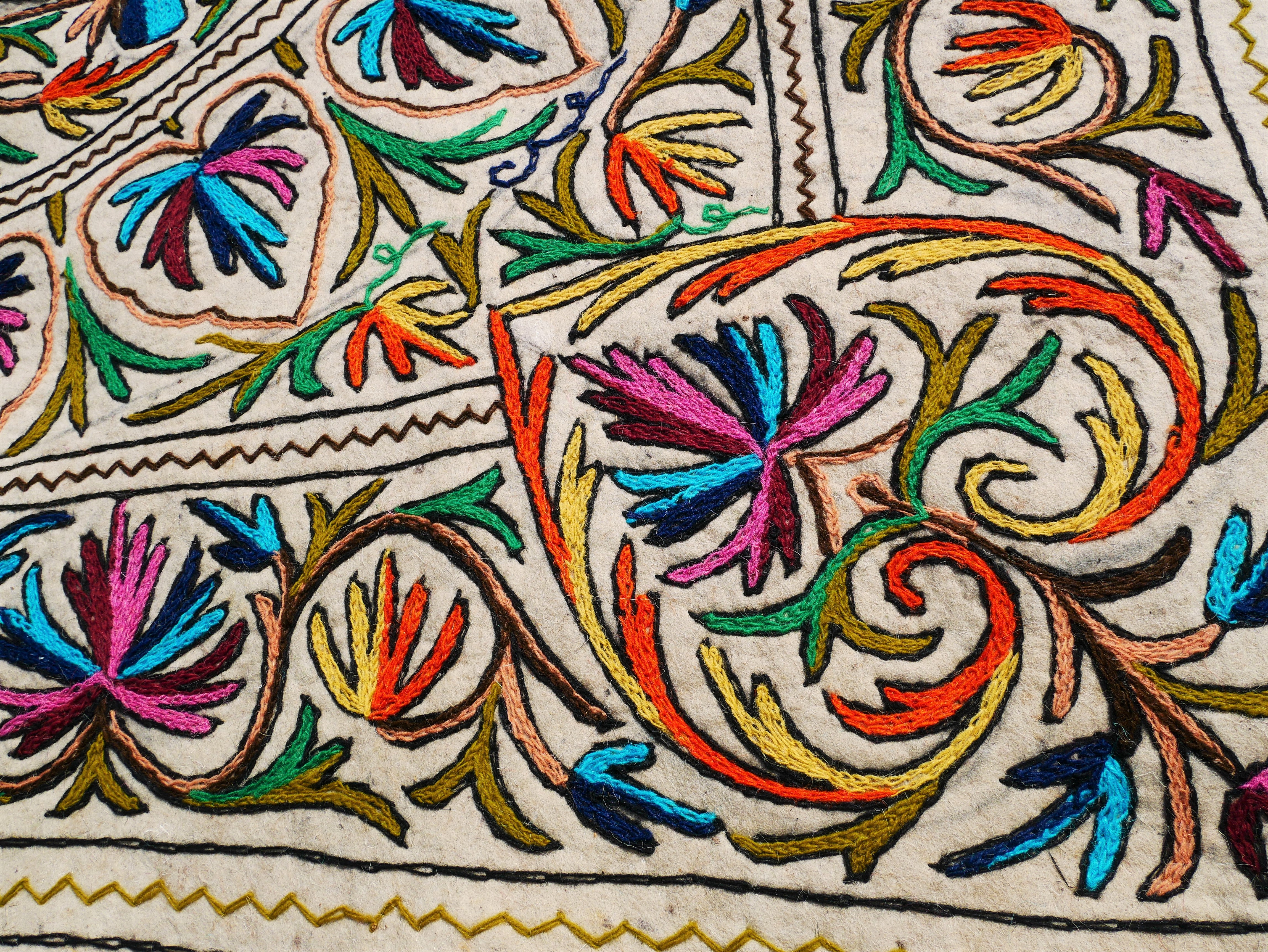 Hand-Felted 7x5 Wool Rug "Namda" from Kashmir - Unique Floral Embroidery on Sheep Wool Felt Base - Boho Decor for Cozy Floors and Artful Corners - The Shanti Home