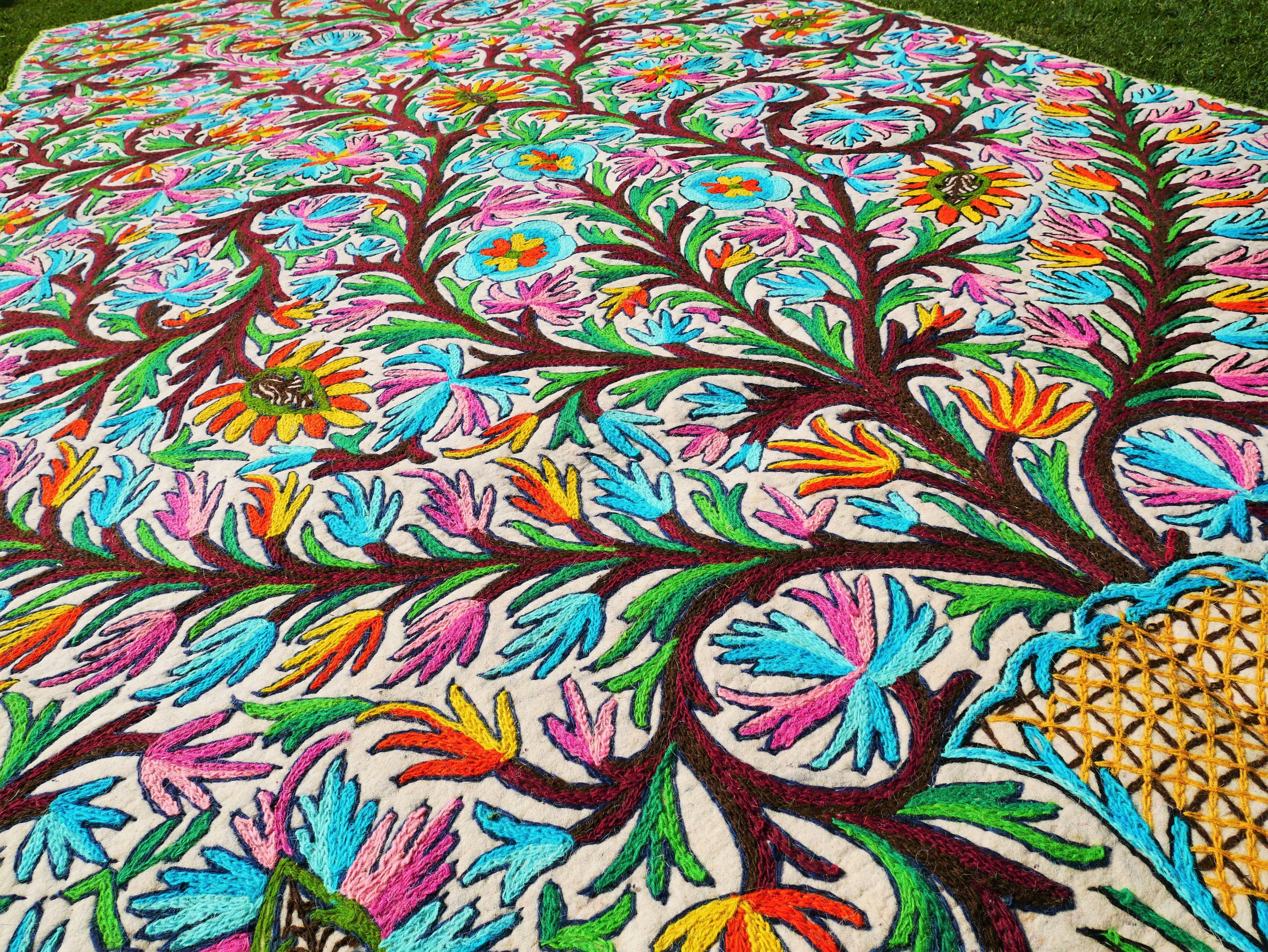 Hand felted and embroidered Namda 6x12' | boho area rug - colorful Kashmiri floor rug | Himalayan wool - Flower Tree of life Design - The Shanti Home
