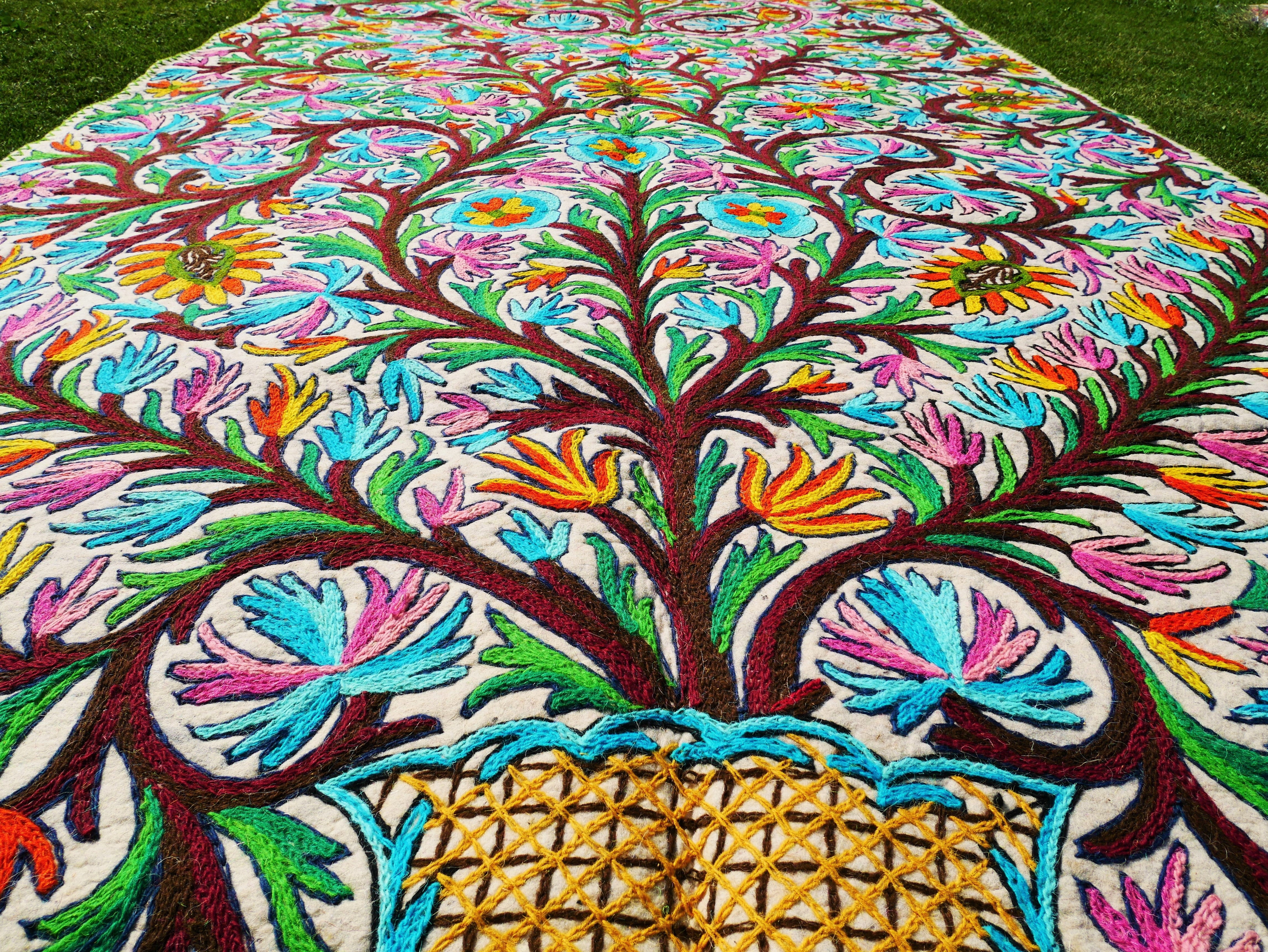 Hand felted and embroidered Namda 6x12' | boho area rug - colorful Kashmiri floor rug | Himalayan wool - Flower Tree of life Design - The Shanti Home