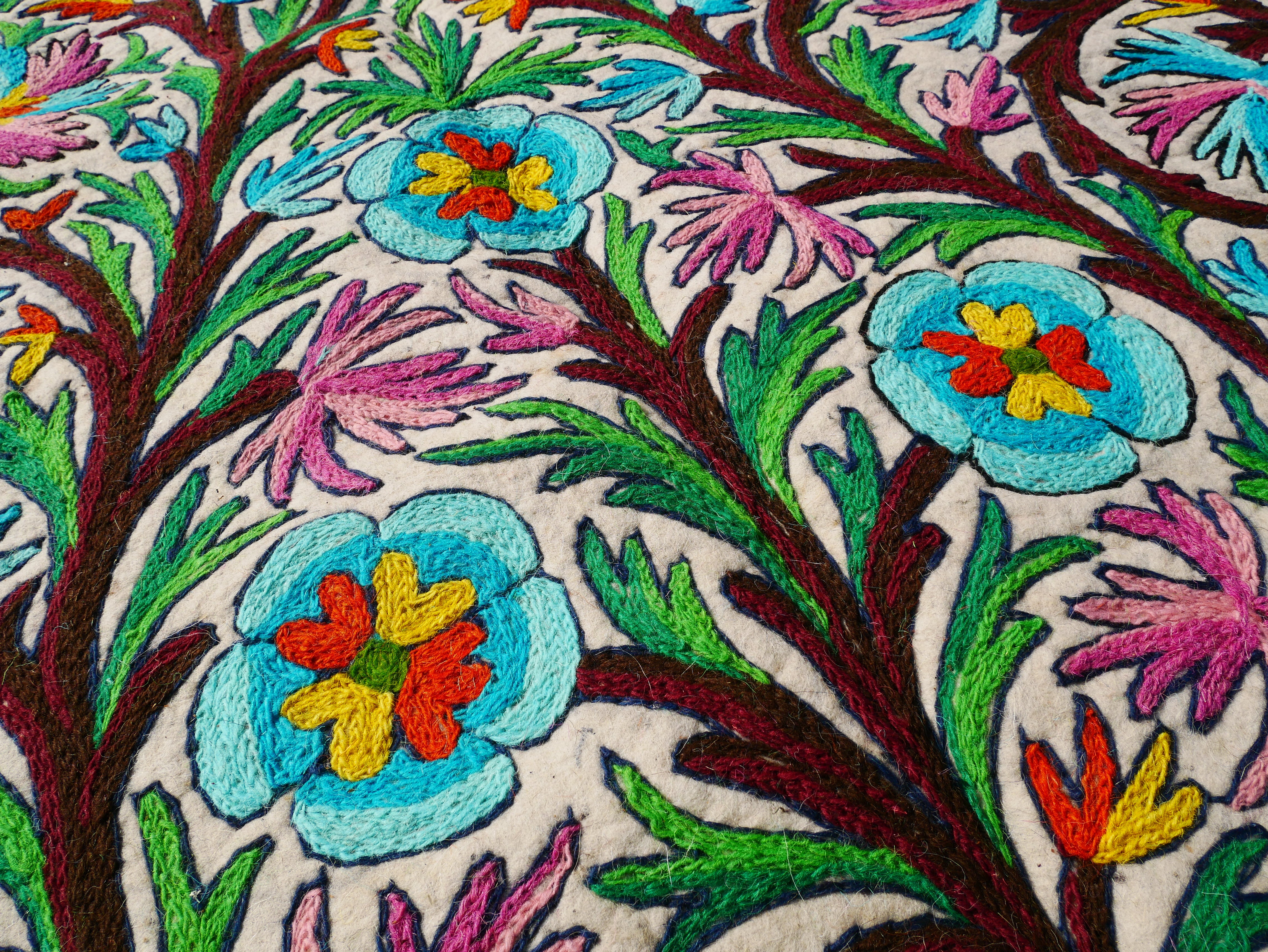 Hand felted and embroidered Namda 6x12' | boho area rug - colorful Kashmiri floor rug | Himalayan wool - Flower Tree of life Design - The Shanti Home