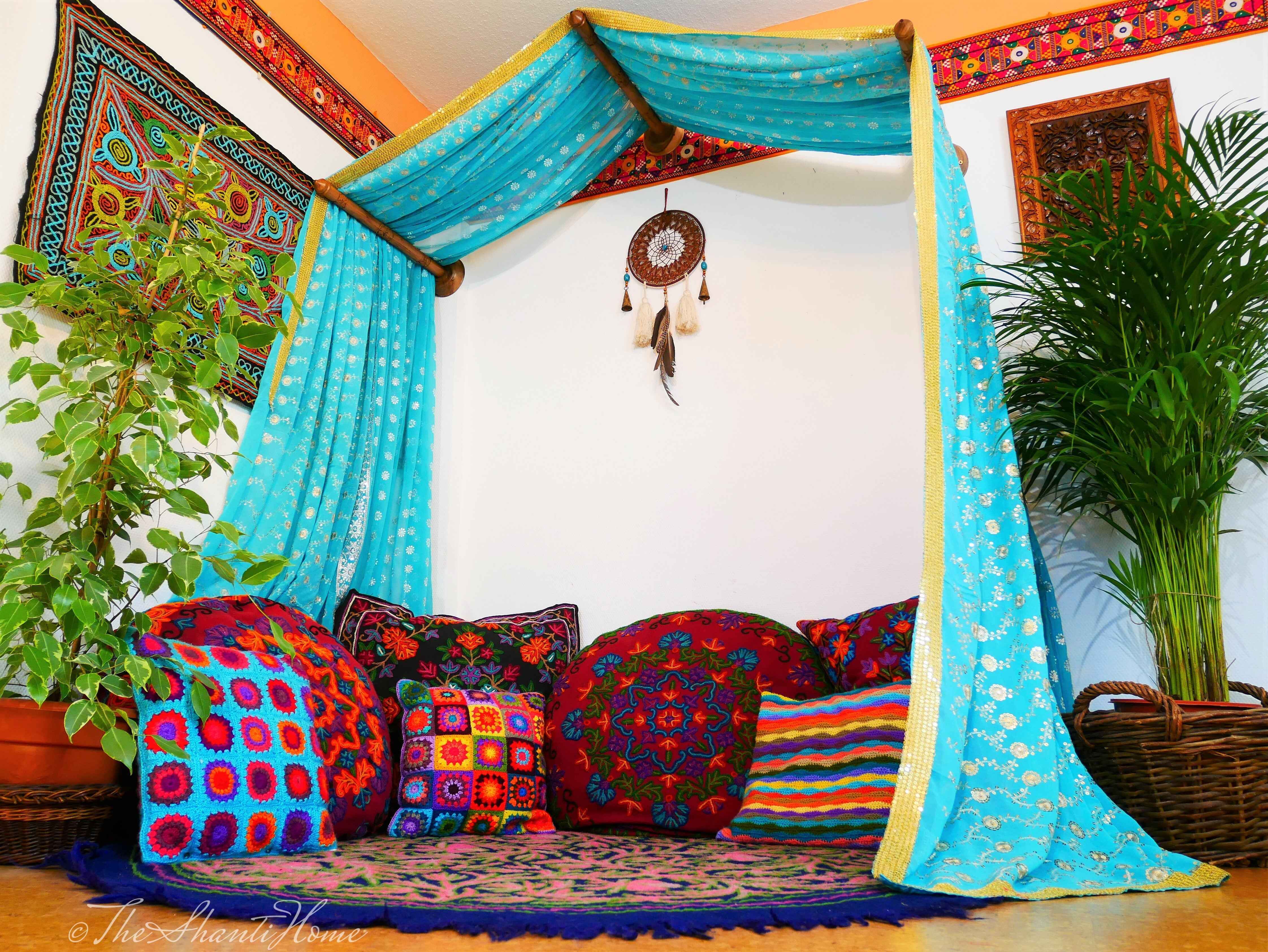 Saree Bed canopy - with handcrafted walnut wood rods and vintage Indian sarees