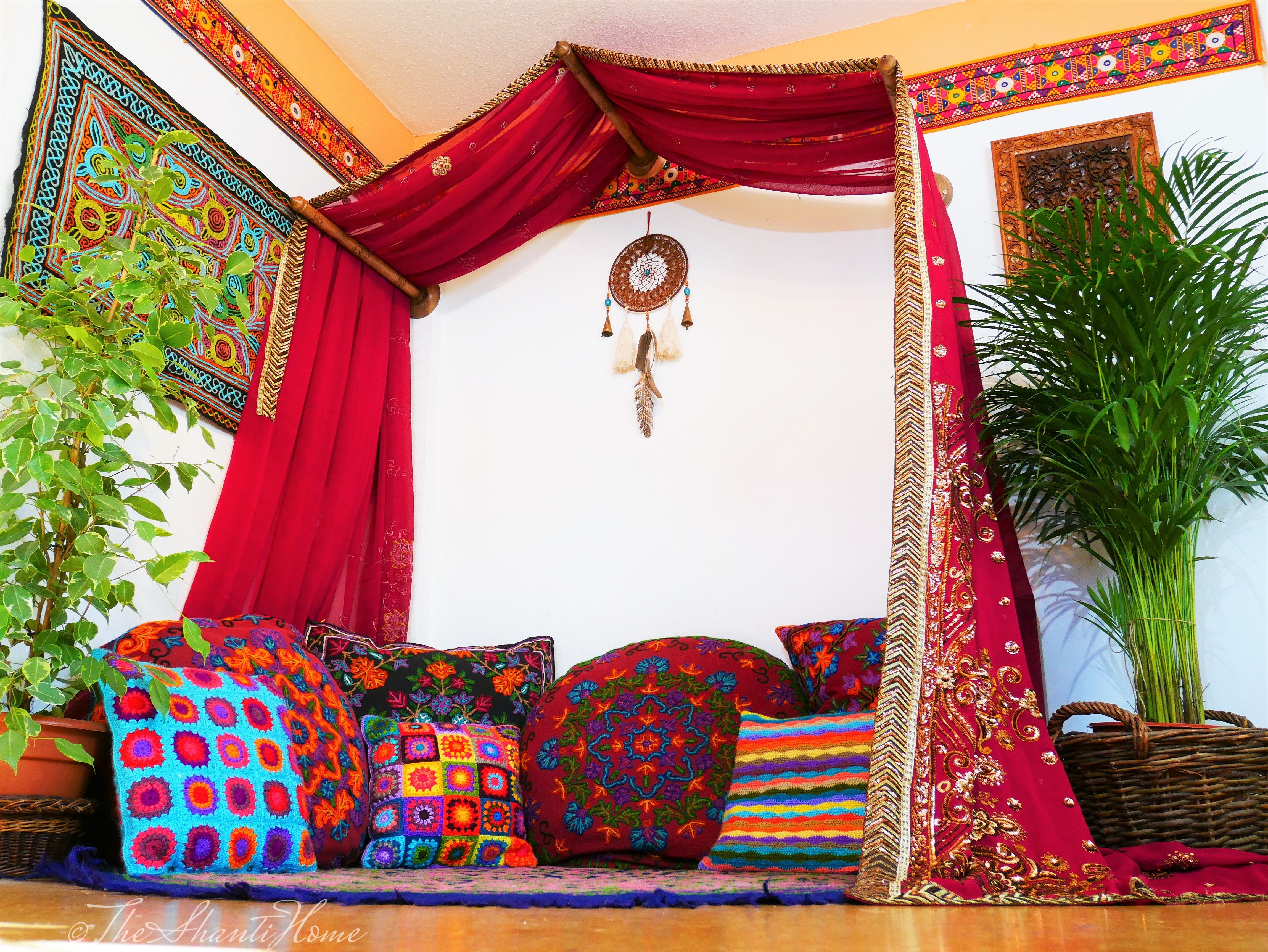 Princess bed canopy - custom made saree canopy frame with handcrafted walnut wood rods | bed curtains - meditation space - The Shanti Home