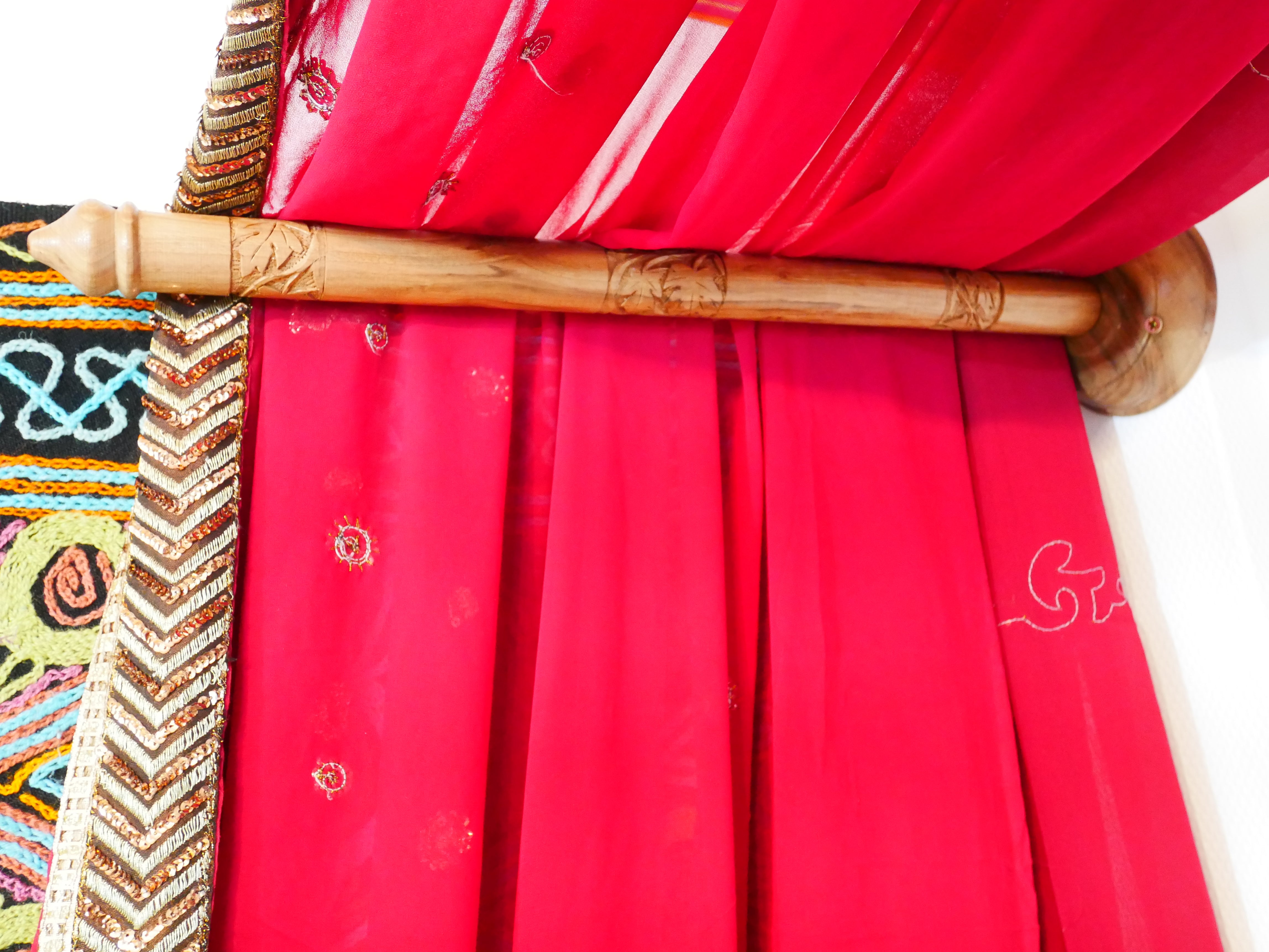Princess bed canopy - custom made saree canopy frame with handcrafted walnut wood rods | bed curtains - meditation space - The Shanti Home