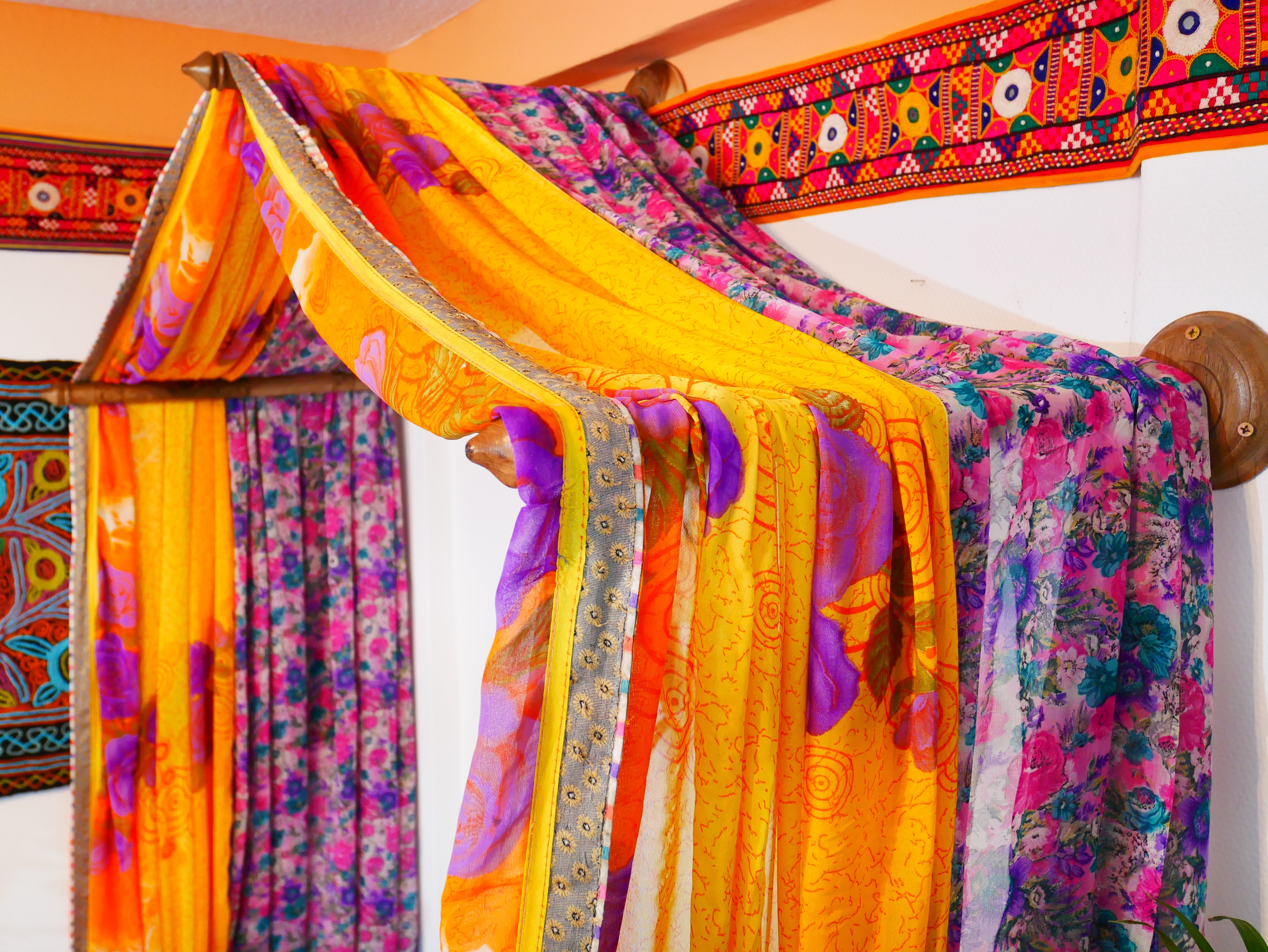 Boho bed canopy - custom made saree canopy frame with handcrafted walnut wood rods | bed curtains - meditation space - The Shanti Home