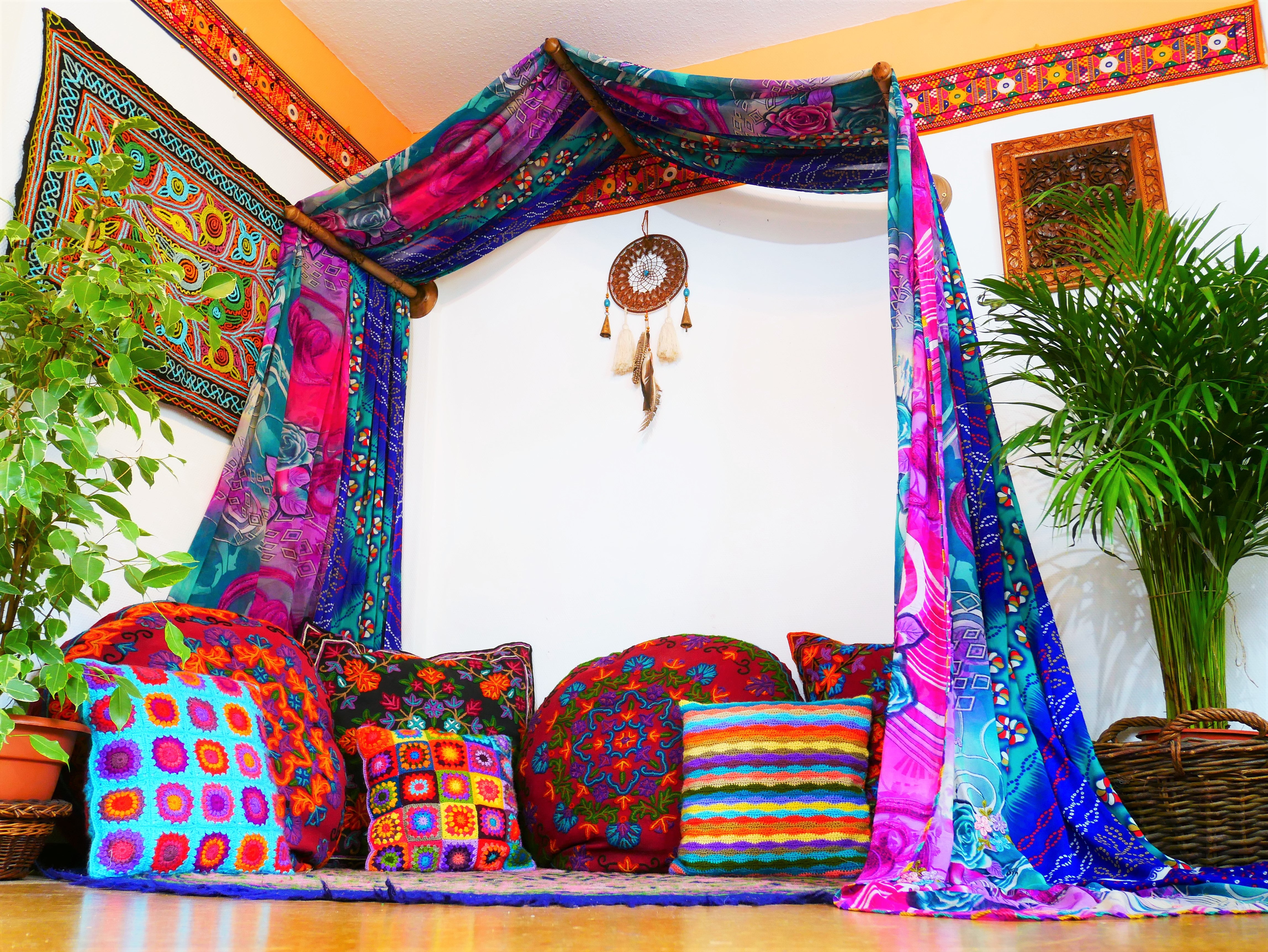 Boho bed canopy - custom made saree canopy frame with handcrafted walnut wood rods | bed curtains - meditation space - The Shanti Home