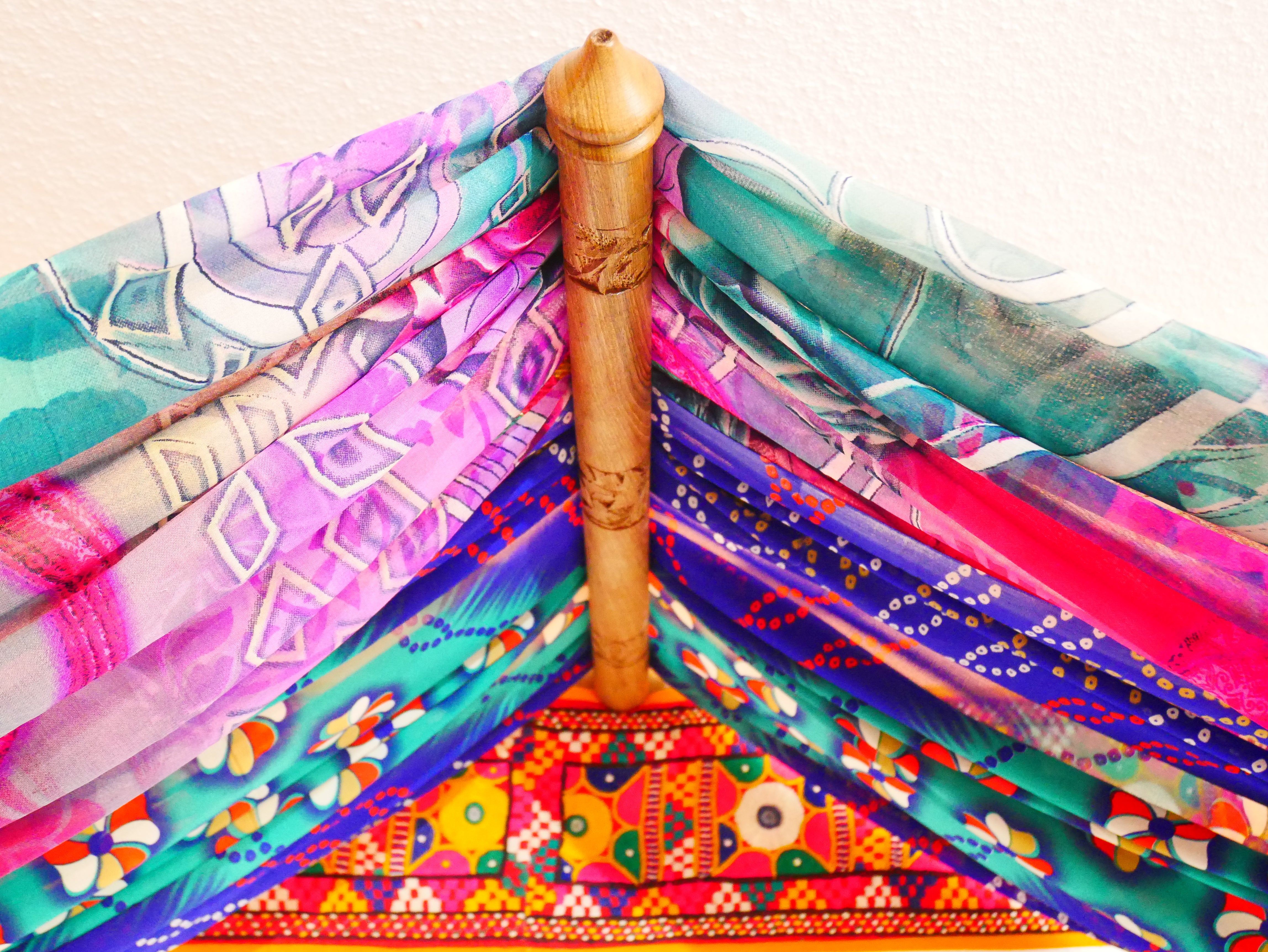 Boho bed canopy - custom made saree canopy frame with handcrafted walnut wood rods | bed curtains - meditation space - The Shanti Home