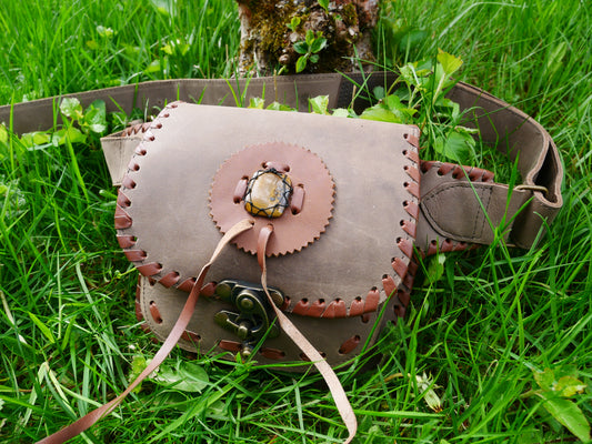 Leather hip bag festival leather belt bag - waist bag with Tigereye stone and hook closure