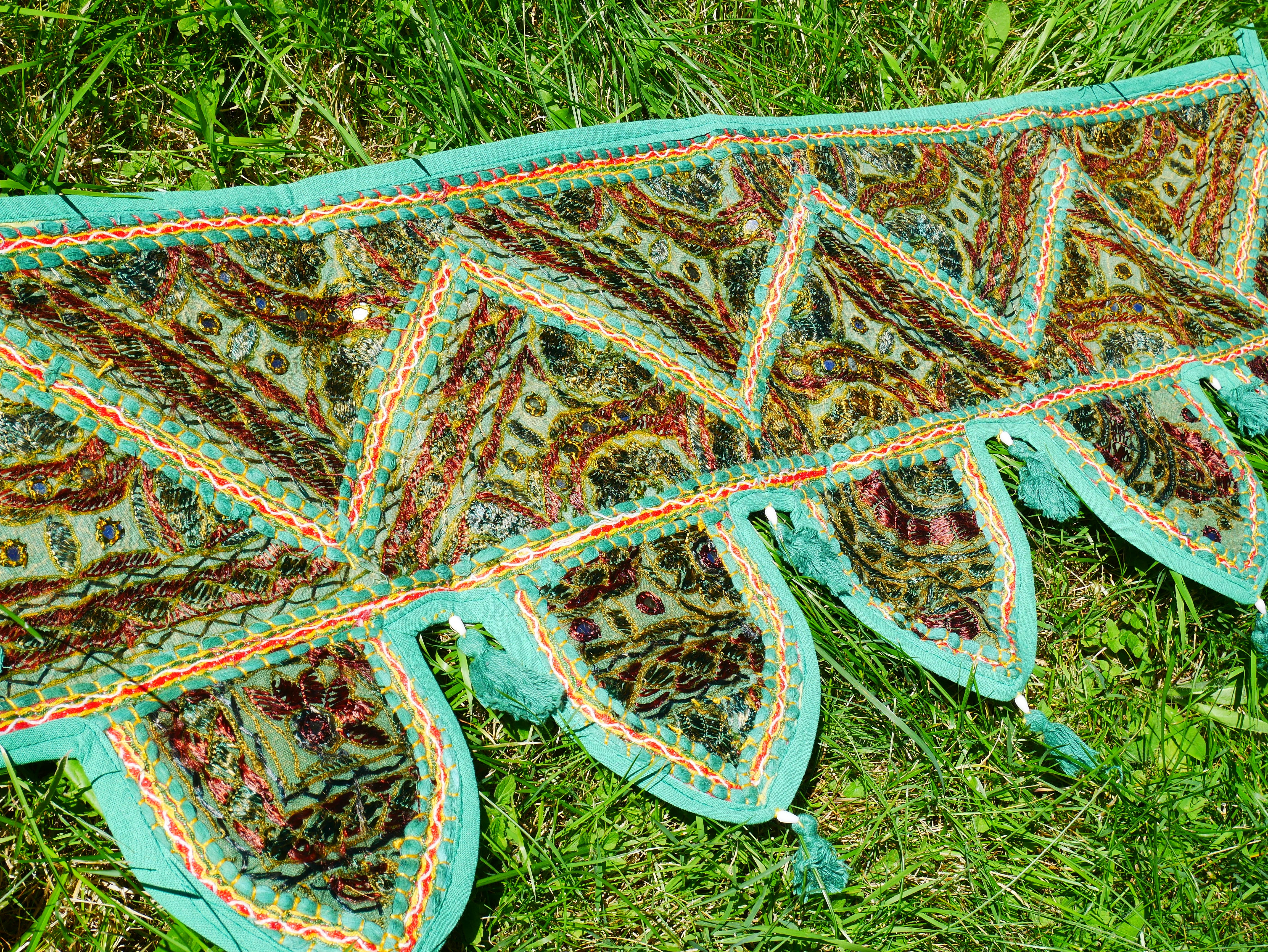 Embroidery Toran - Indian door hanging - Boho window valance green