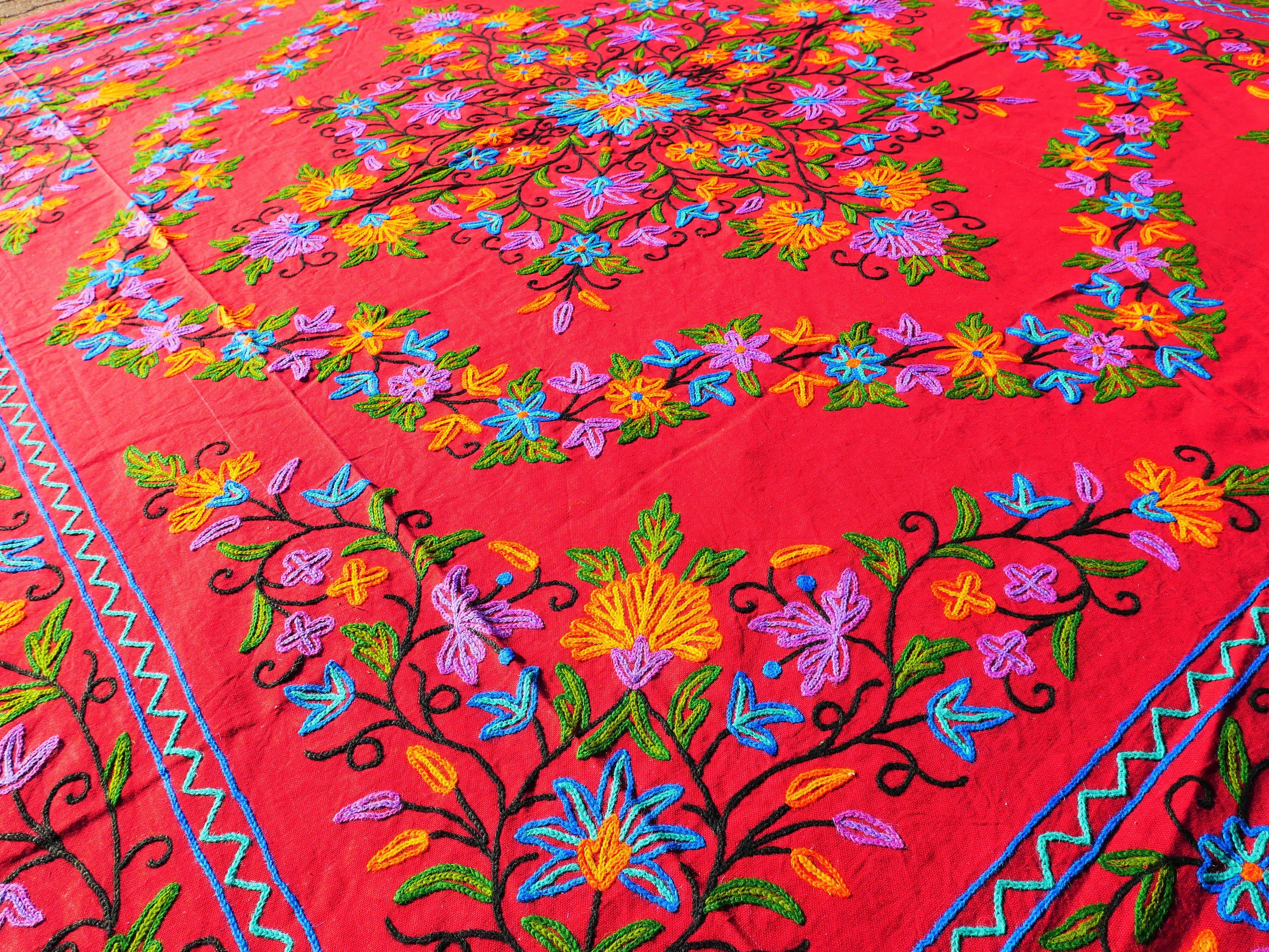 Boho bedding "Shanti Garden" luxury bed cover - hand embroidered queen bedspread - red cotton, floral embroidery - bohemian throw - The Shanti Home