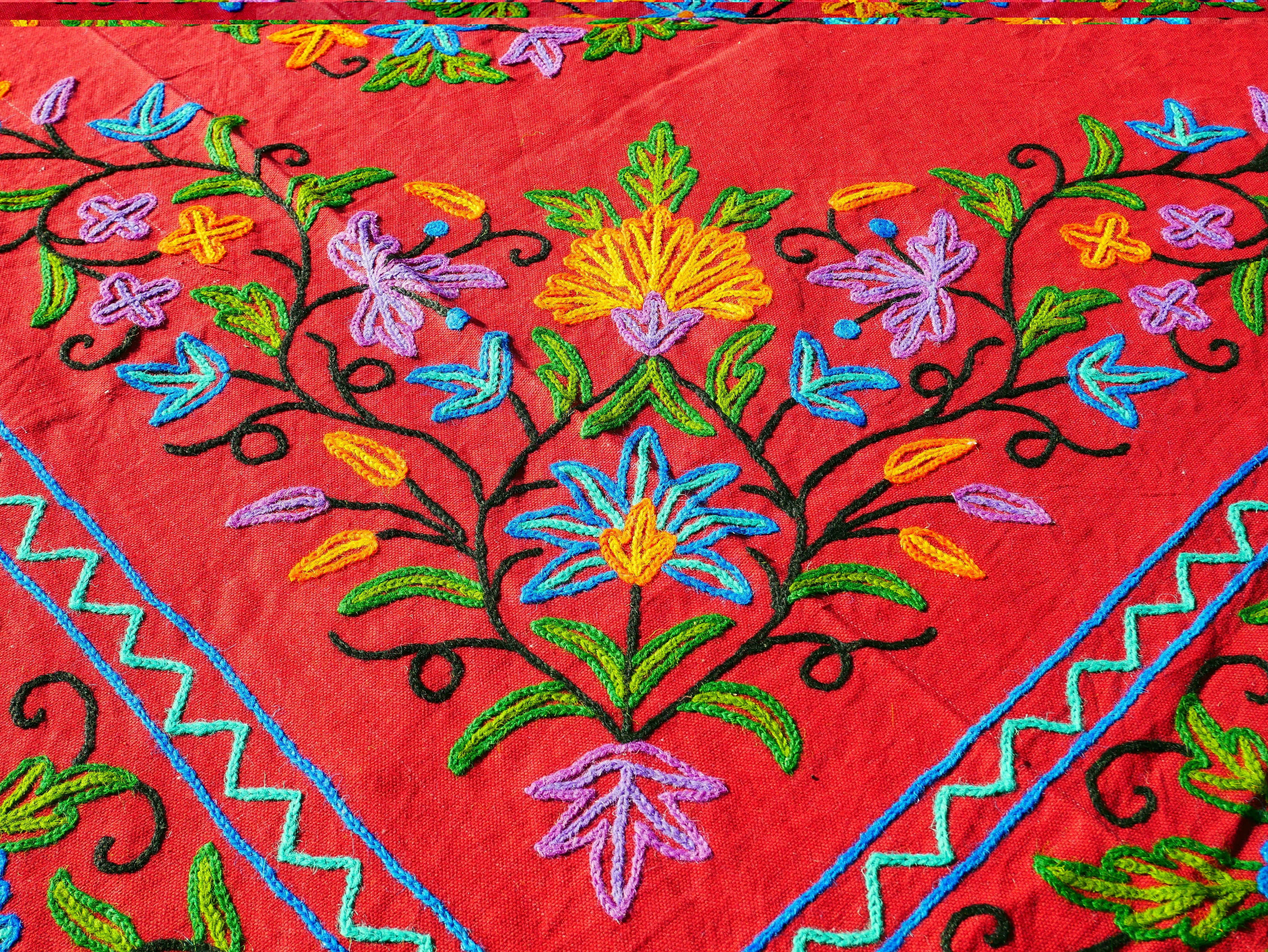 Boho bedding "Shanti Garden" luxury bed cover - hand embroidered queen bedspread - red cotton, floral embroidery - bohemian throw - The Shanti Home