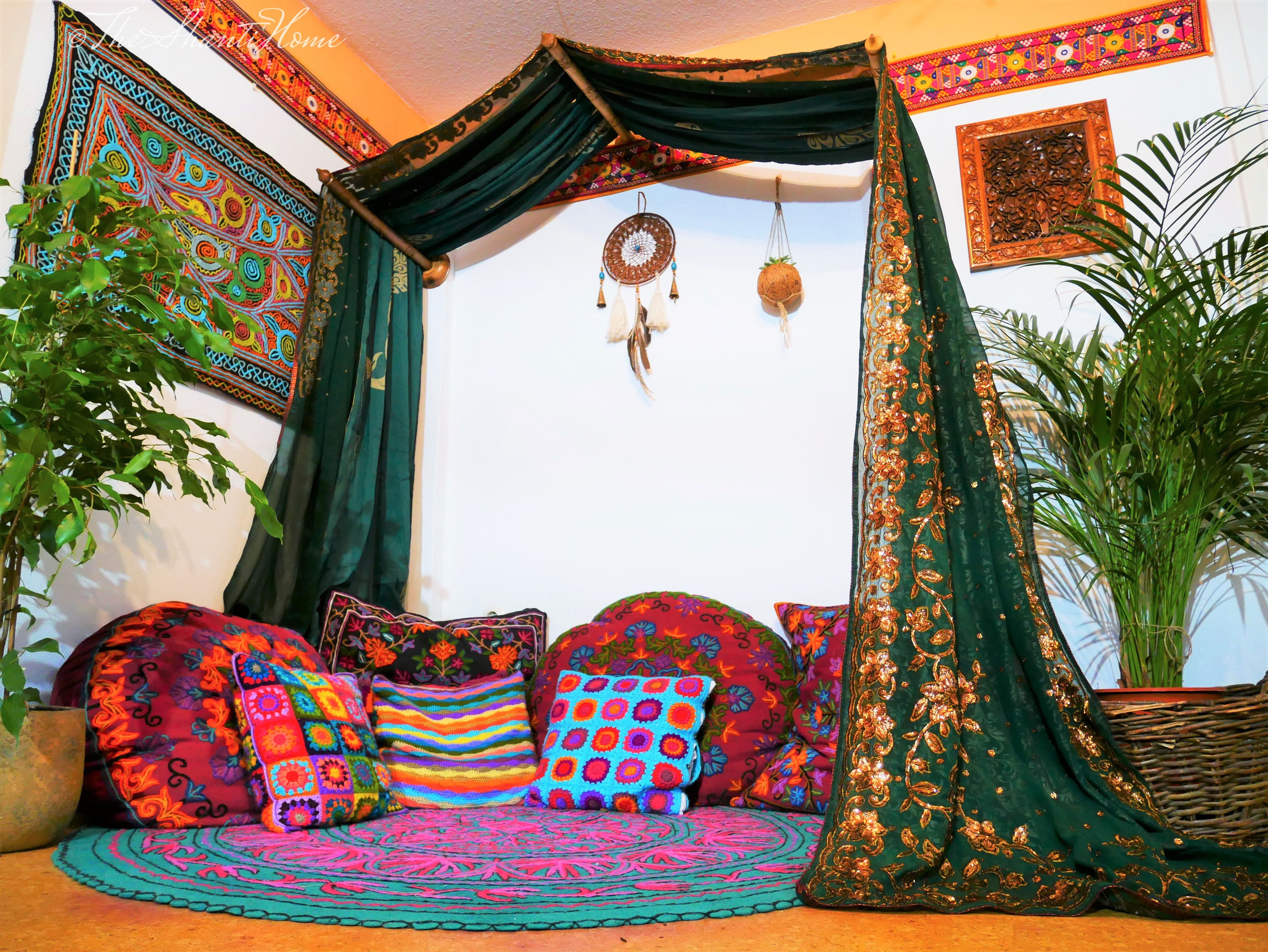 Boho bed canopy - custom made saree canopy frame with handcrafted walnut wood rods | bed curtains - meditation space - The Shanti Home