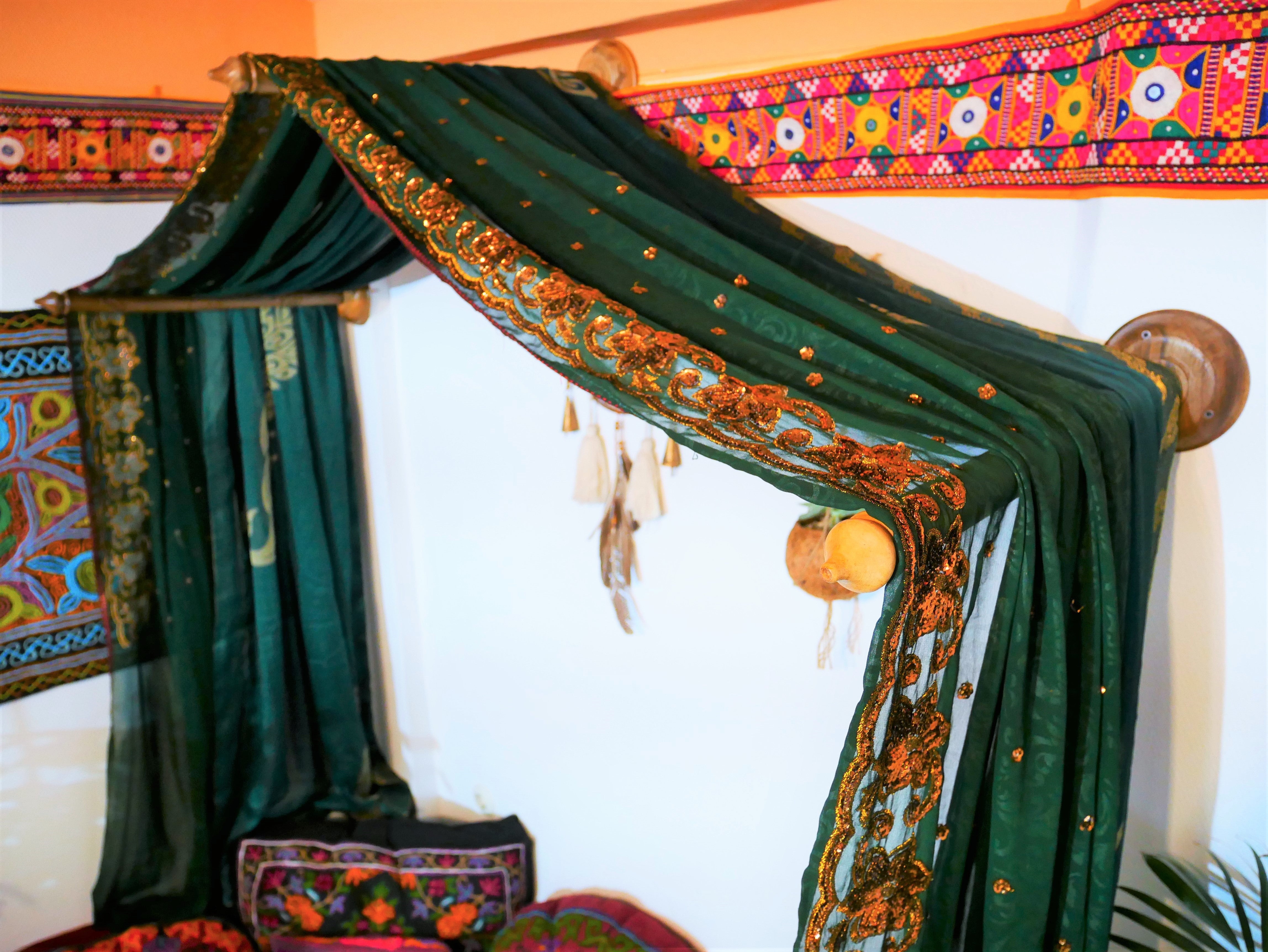 Boho bed canopy - custom made saree canopy frame with handcrafted walnut wood rods | bed curtains - meditation space - The Shanti Home