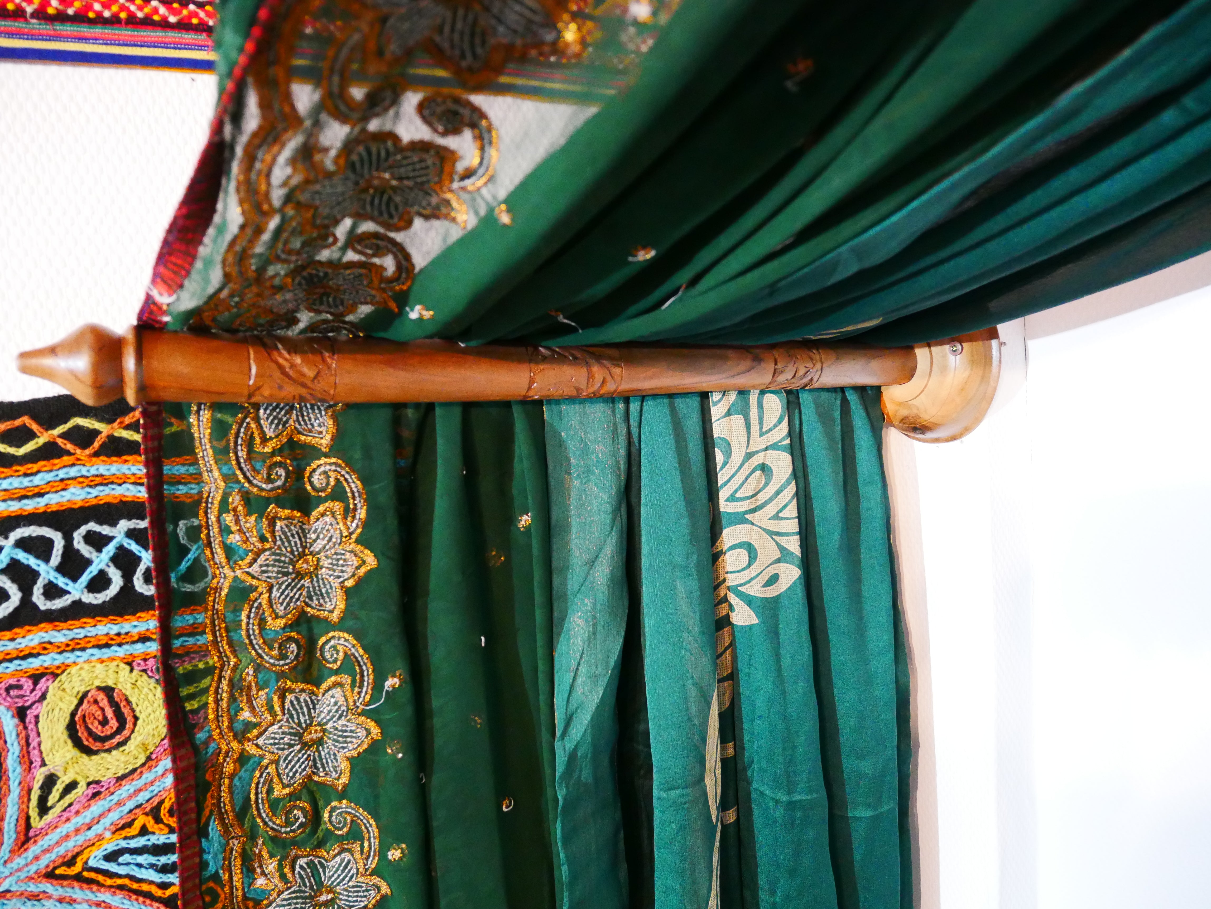 Boho bed canopy - custom made saree canopy frame with handcrafted walnut wood rods | bed curtains - meditation space - The Shanti Home