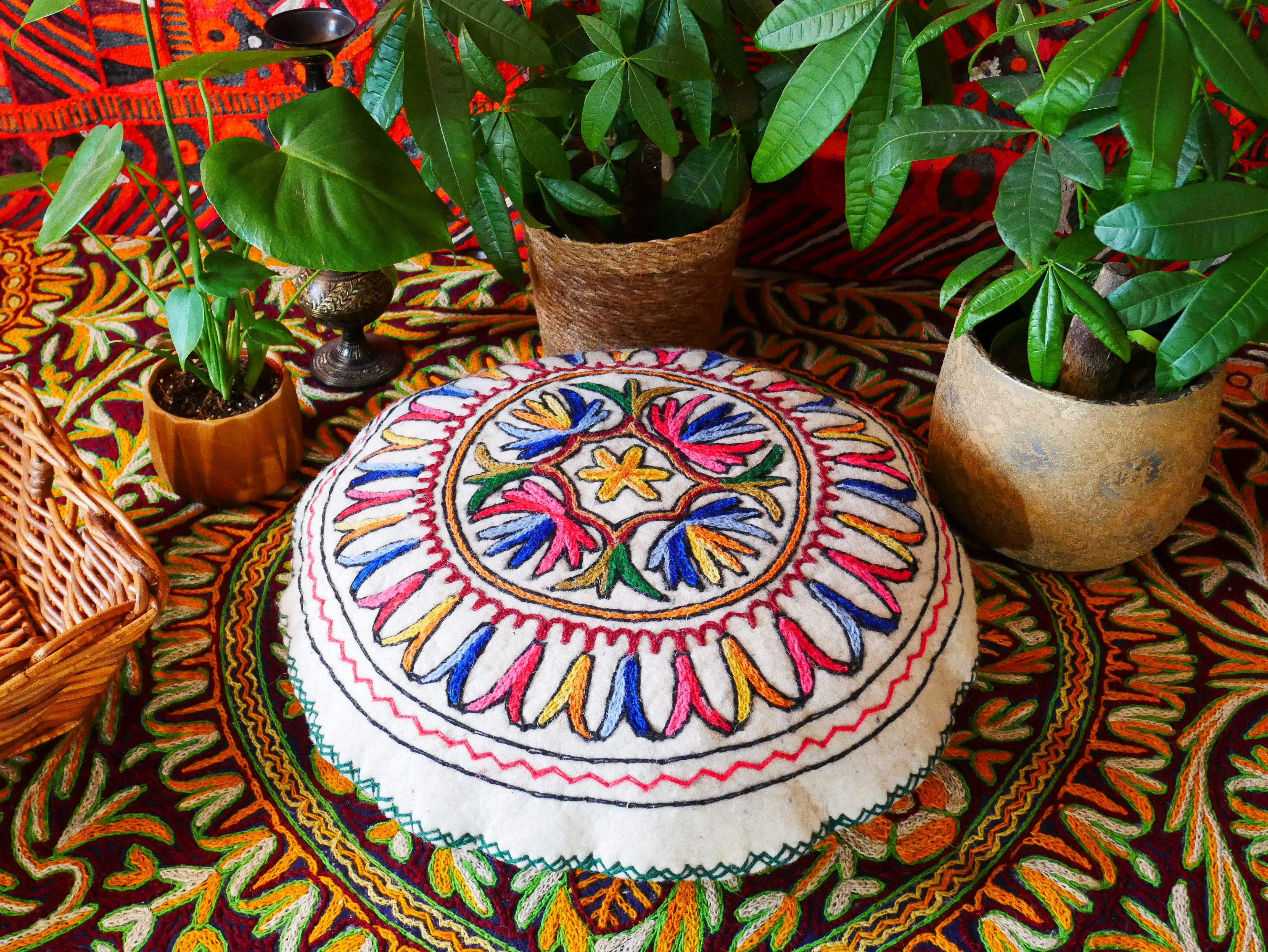Kashmiri Boho Floor Pillow - Hand Felted Meditation Cushion Cover | Embroidered Floor Pouf | Round Floor Pillow for Bohemian Floor Seating - The Shanti Home