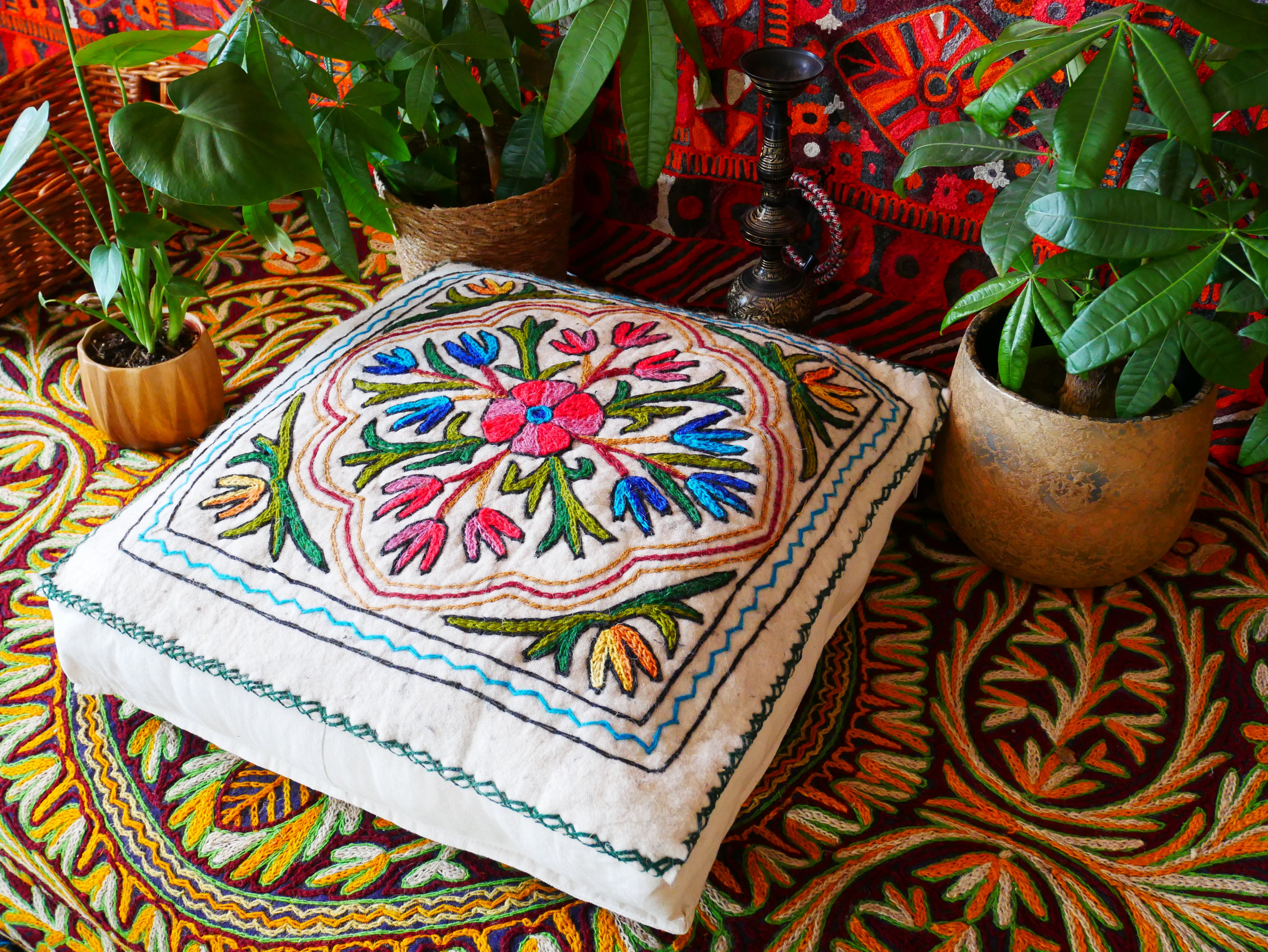 Kashmiri Floor Pillow Hand Felted Meditation Cushion Cover | Embroidered Floor Pouf | Square Floor Pillow for Bohemian Floor Seating - The Shanti Home