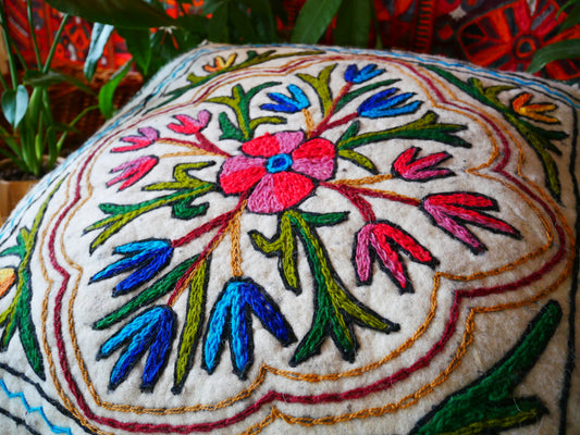 Kashmiri Floor Pillow  Hand Felted Meditation Cushion Cover | Embroidered Floor Pouf | Square Floor Pillow for Bohemian Floor Seating - The Shanti Home