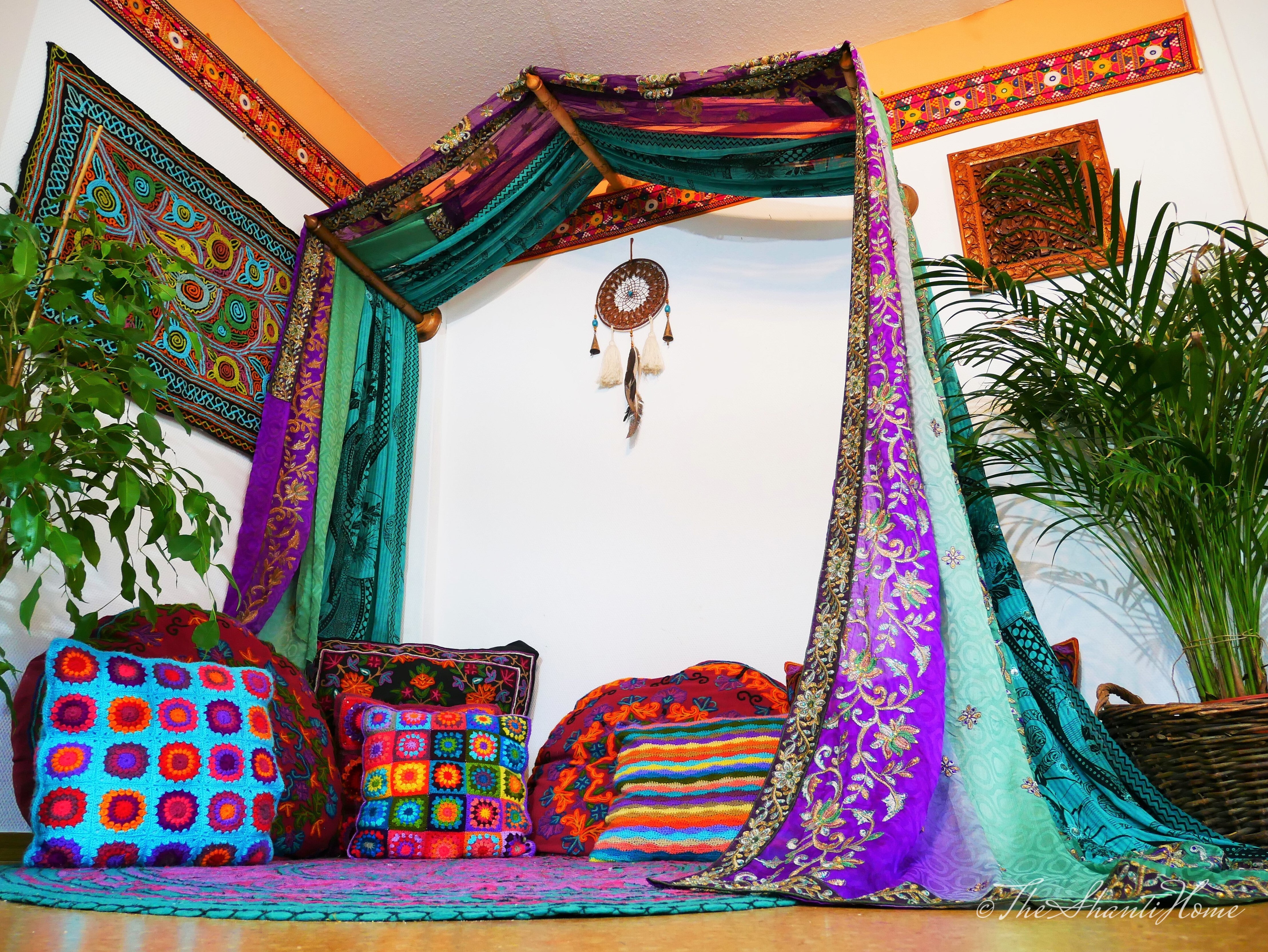 Boho bed canopy - custom made saree canopy frame with handcrafted walnut wood rods | bed curtains - meditation space - The Shanti Home