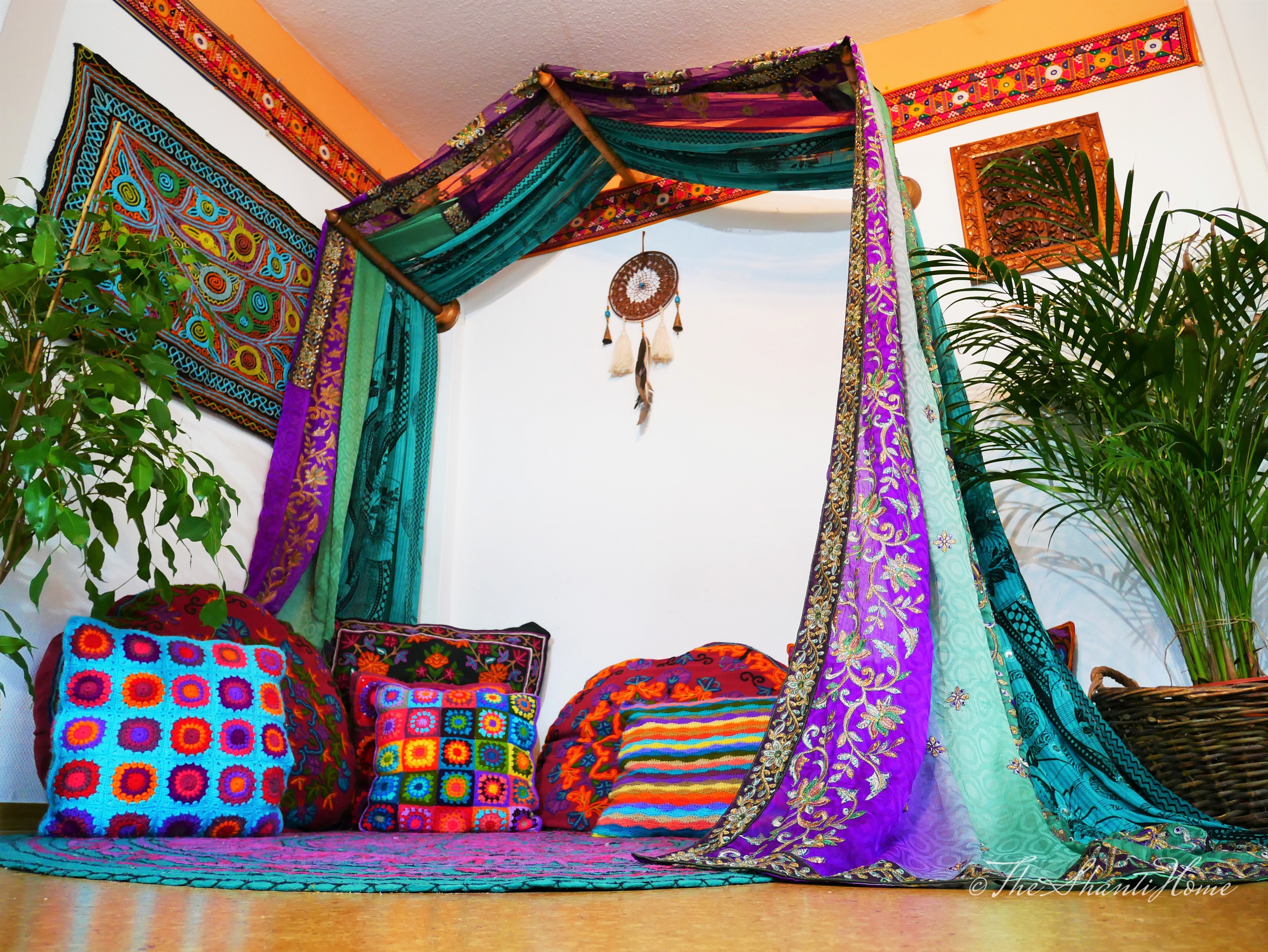 Boho bed canopy - custom made saree canopy frame with handcrafted walnut wood rods | bed curtains - meditation space - The Shanti Home