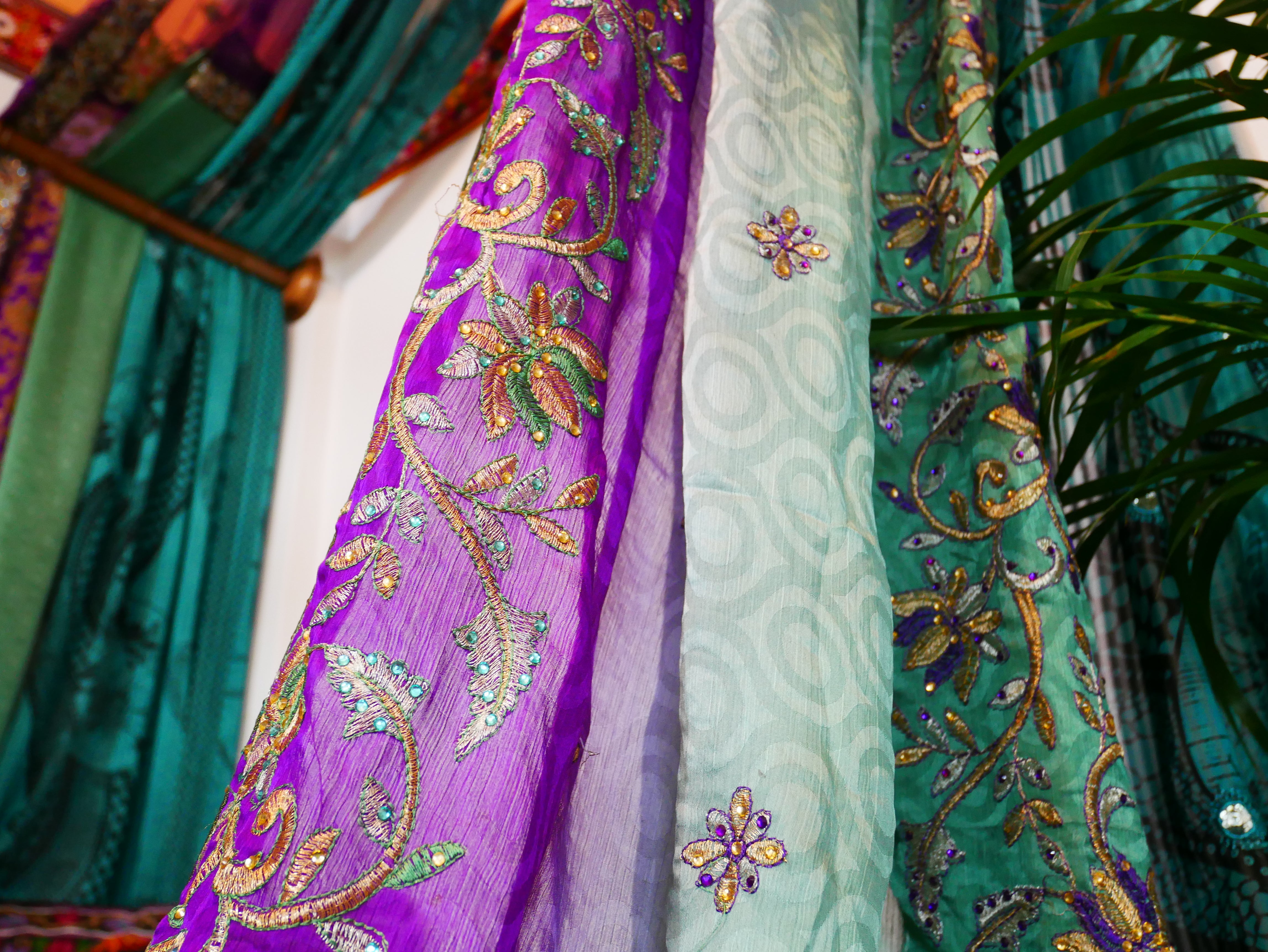 Boho bed canopy - custom made saree canopy frame with handcrafted walnut wood rods | bed curtains - meditation space - The Shanti Home