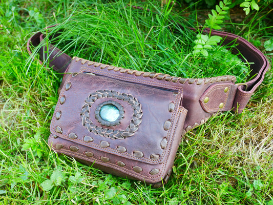 Leather belt bag - waist bag with Labradorite stone perfect for your next festival