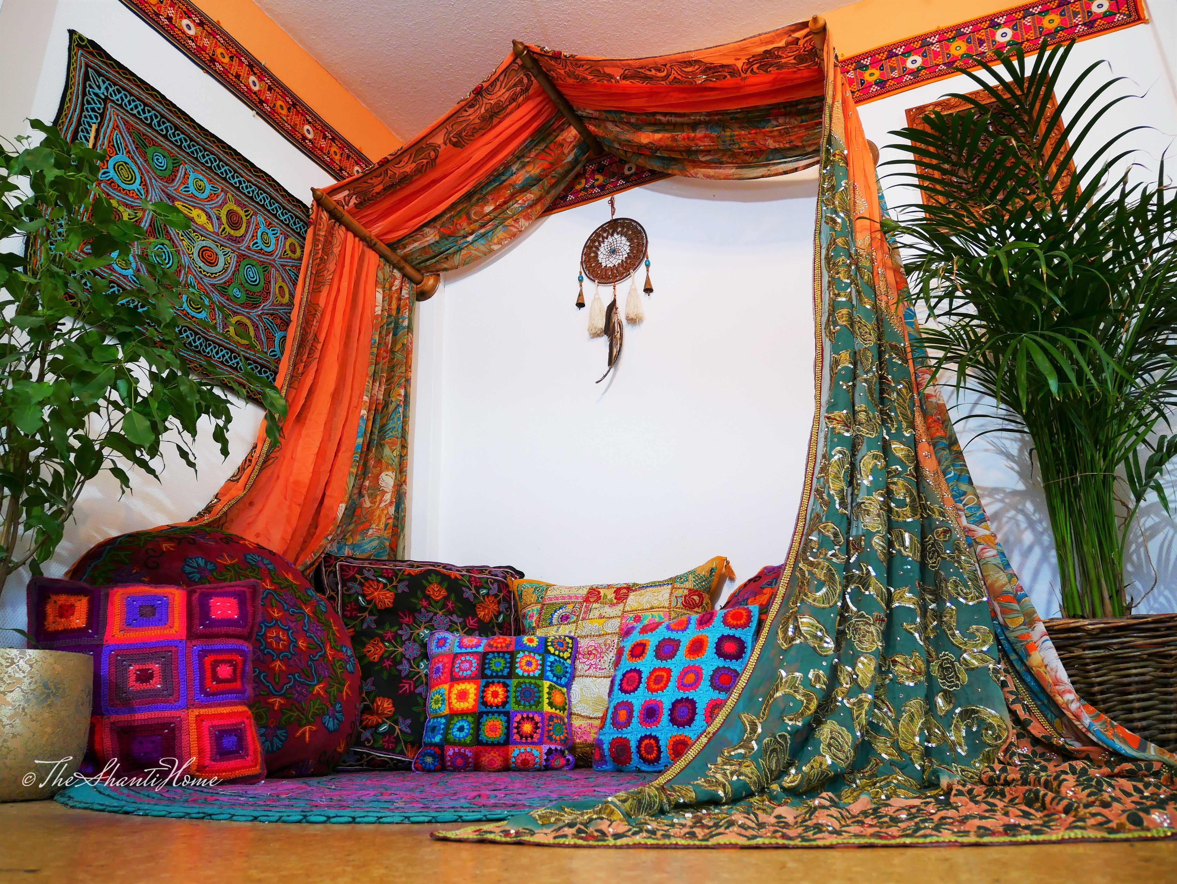 Wedding Saree bed canopy - Boho chic canopy with handcrafted walnut wood rods | bed curtains - meditation space - The Shanti Home