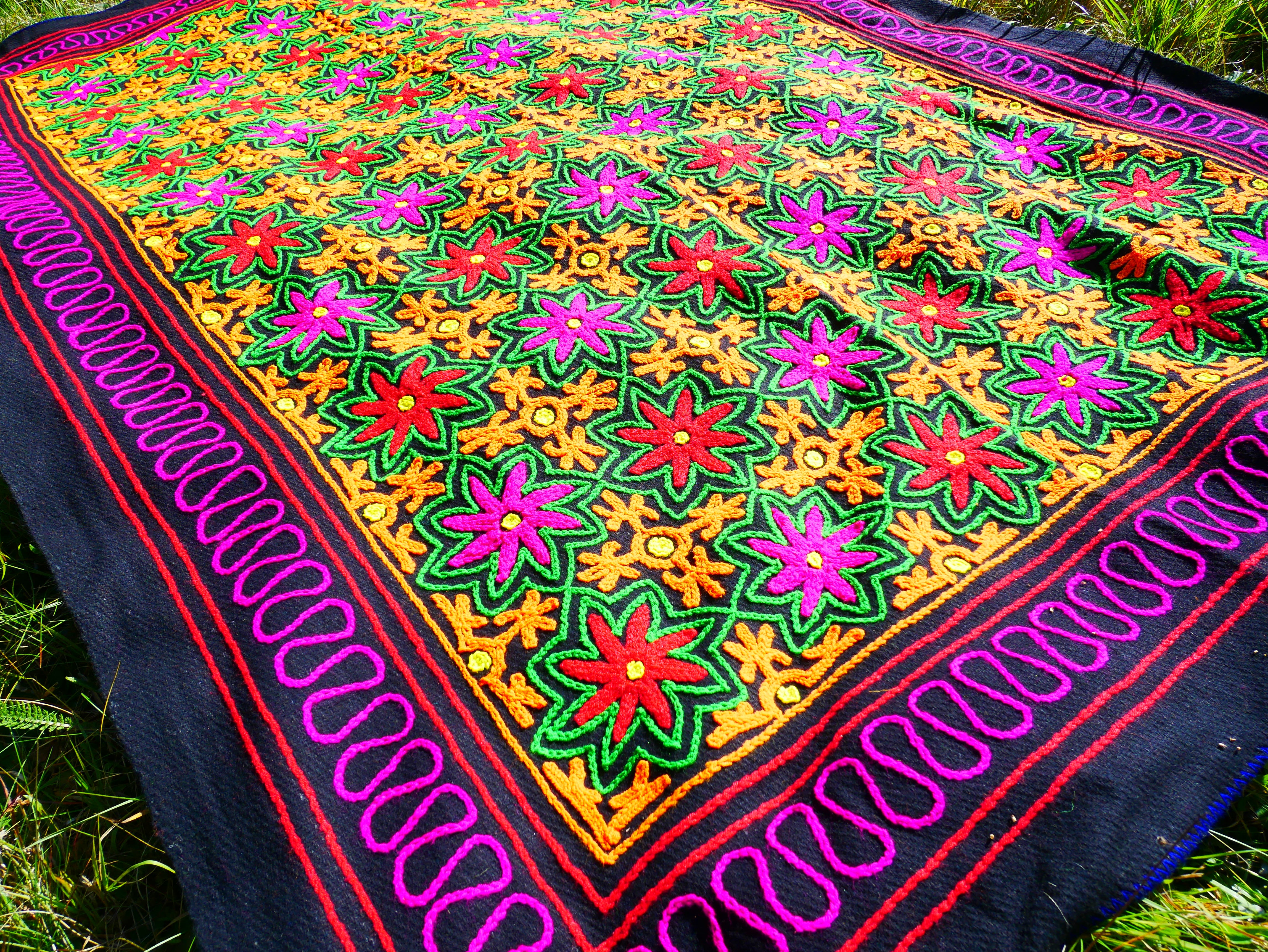Kashmiri Gabba: Unique Handmade Wool Blanket Rug Boho Style Throw Blanket with Colorful Embroidery -Hippie Floor Seating Meditation decor - The Shanti Home