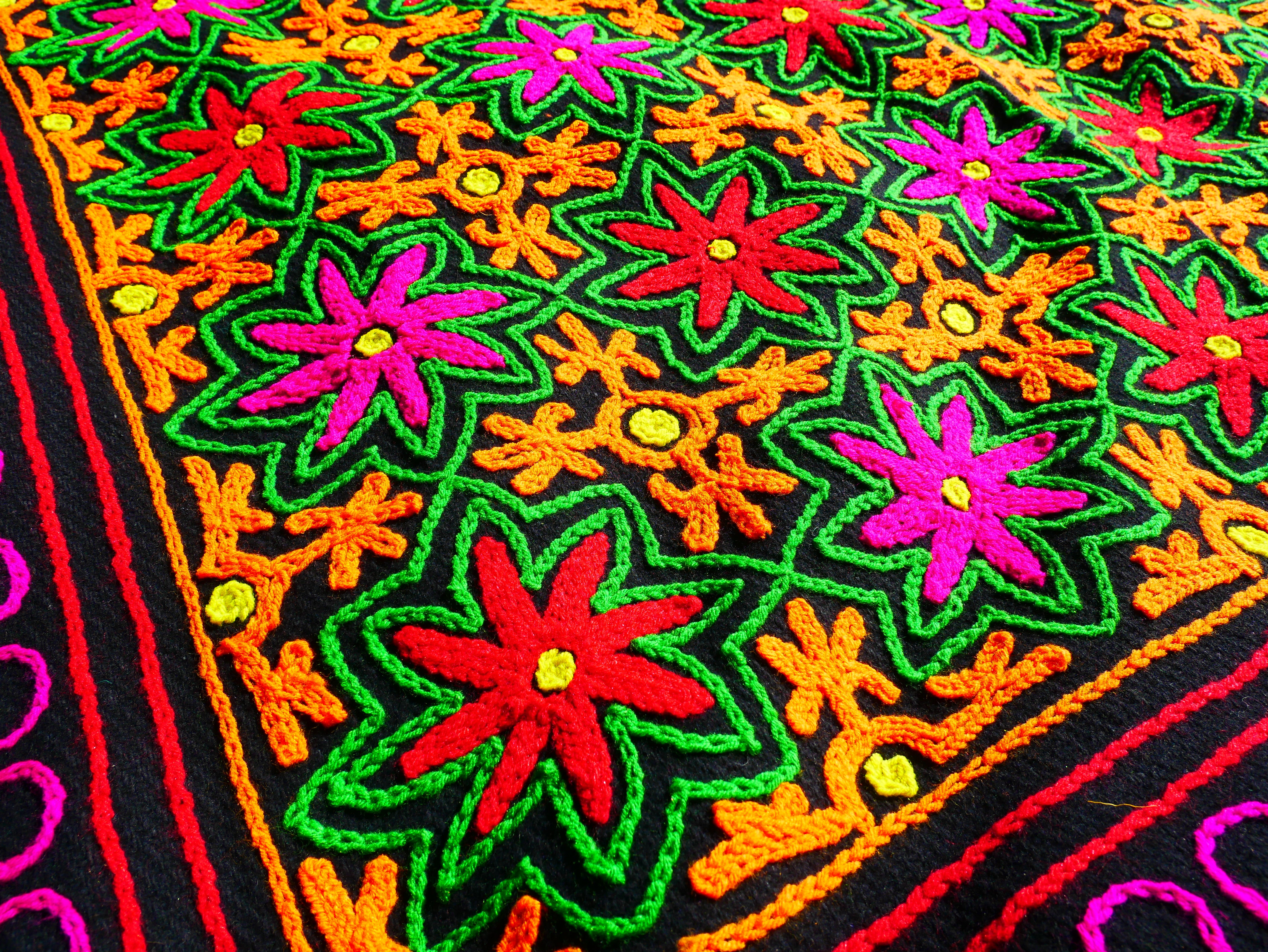 Kashmiri Gabba: Unique Handmade Wool Blanket Rug Boho Style Throw Blanket with Colorful Embroidery -Hippie Floor Seating Meditation decor - The Shanti Home